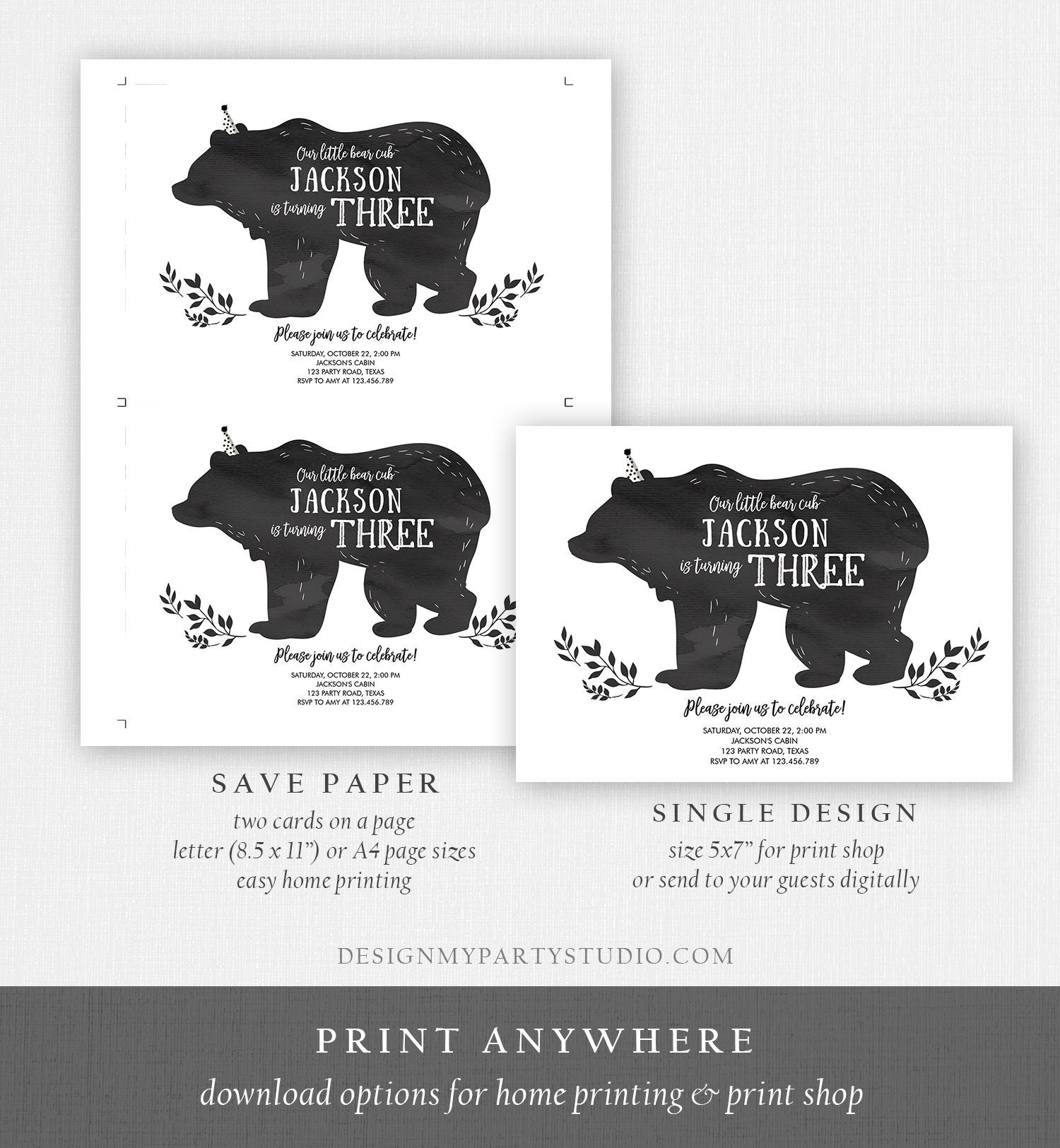 Editable Bear Cub Birthday Invitation Boy Bear Invitation Little Cub Woodland Bear Party Modern Digital Download Template Printable 0267