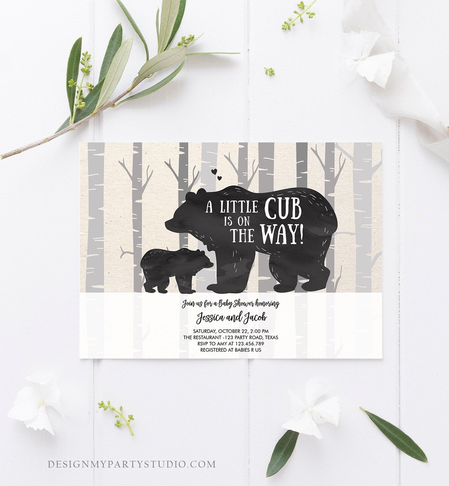 Editable Bear Baby Shower Invitation Bear Cub Baby Shower Invite Woodland Birch Trees Rustic Animal Printable Template Digital Corjl 0267