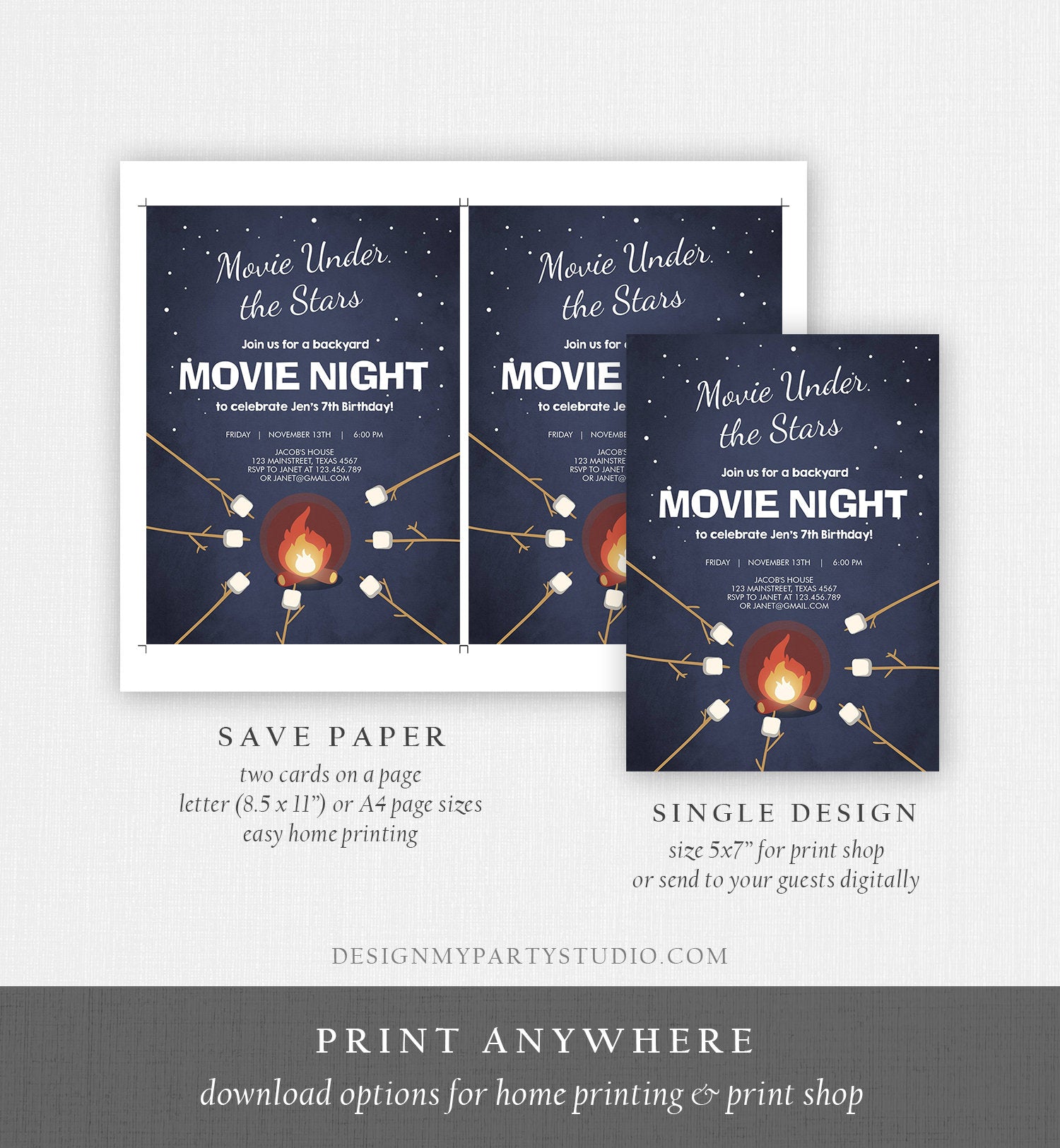 Editable Movie Night Birthday Invitation Under the Stars Bonfire Campfire Backyard Movie Party Download Corjl Template Printable 0268