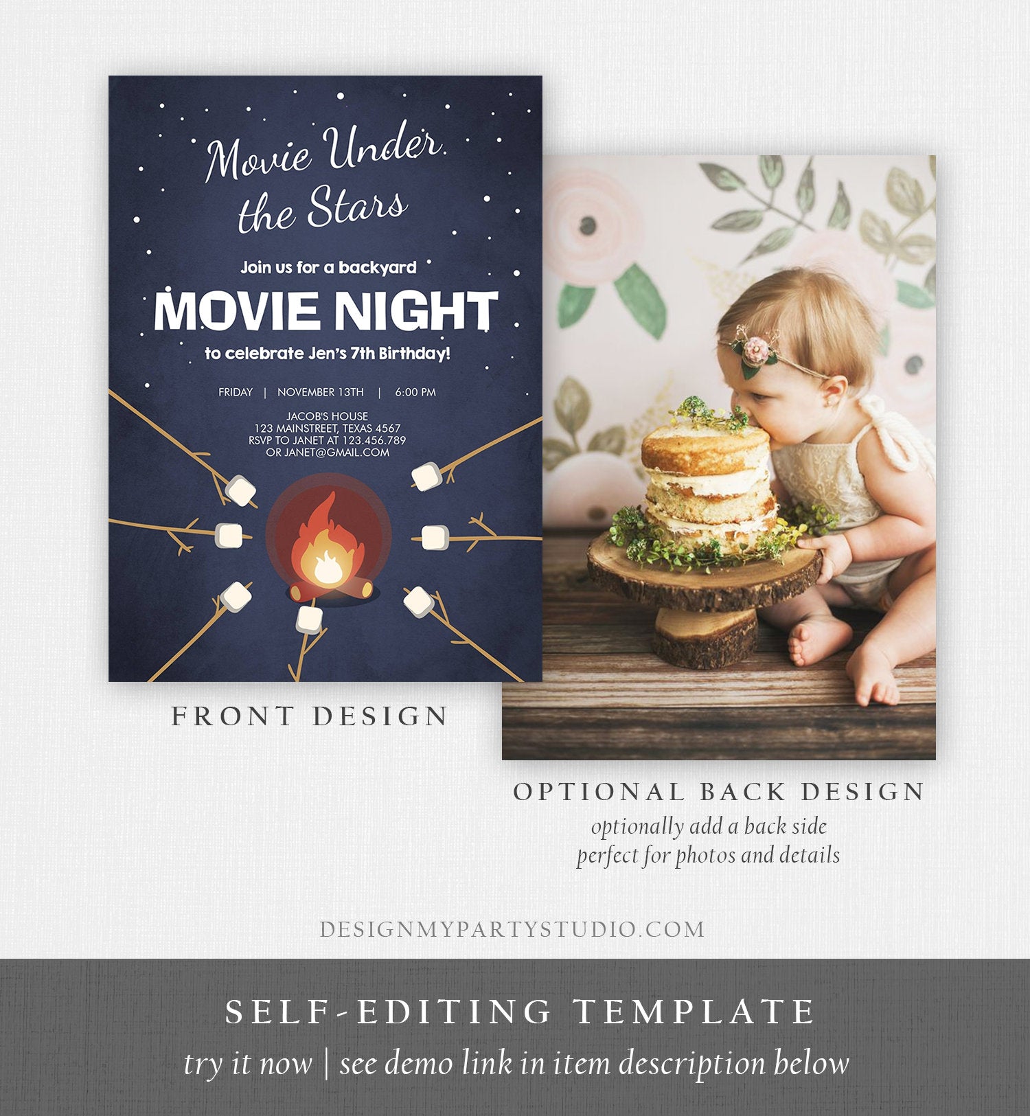 Editable Movie Night Birthday Invitation Under the Stars Bonfire Campfire Backyard Movie Party Download Corjl Template Printable 0268