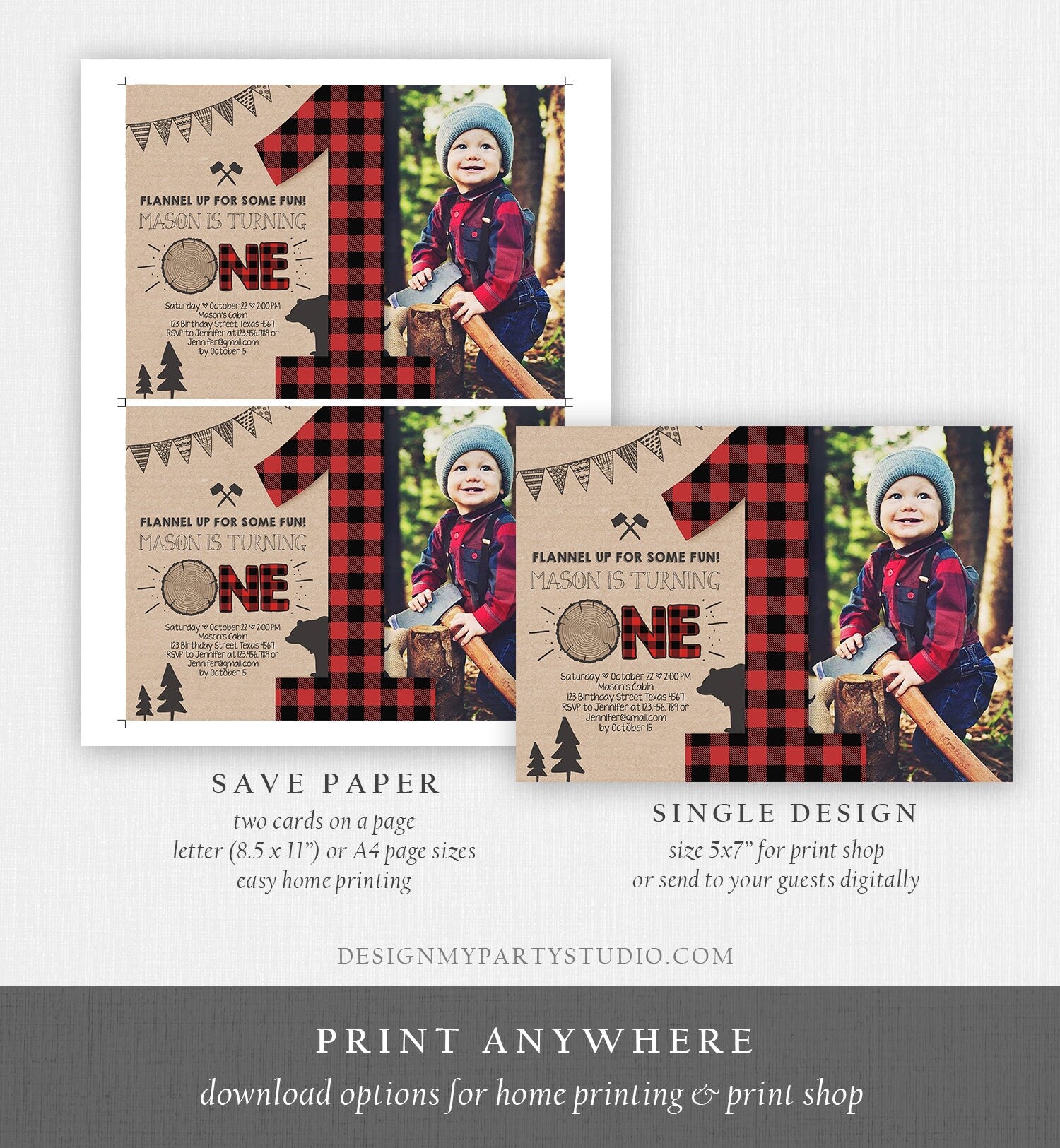 Editable Lumberjack Birthday Invitation Rustic Woodland Birthday Bear Forest Red Plaid Instant Download Printable Template Corjl 0026