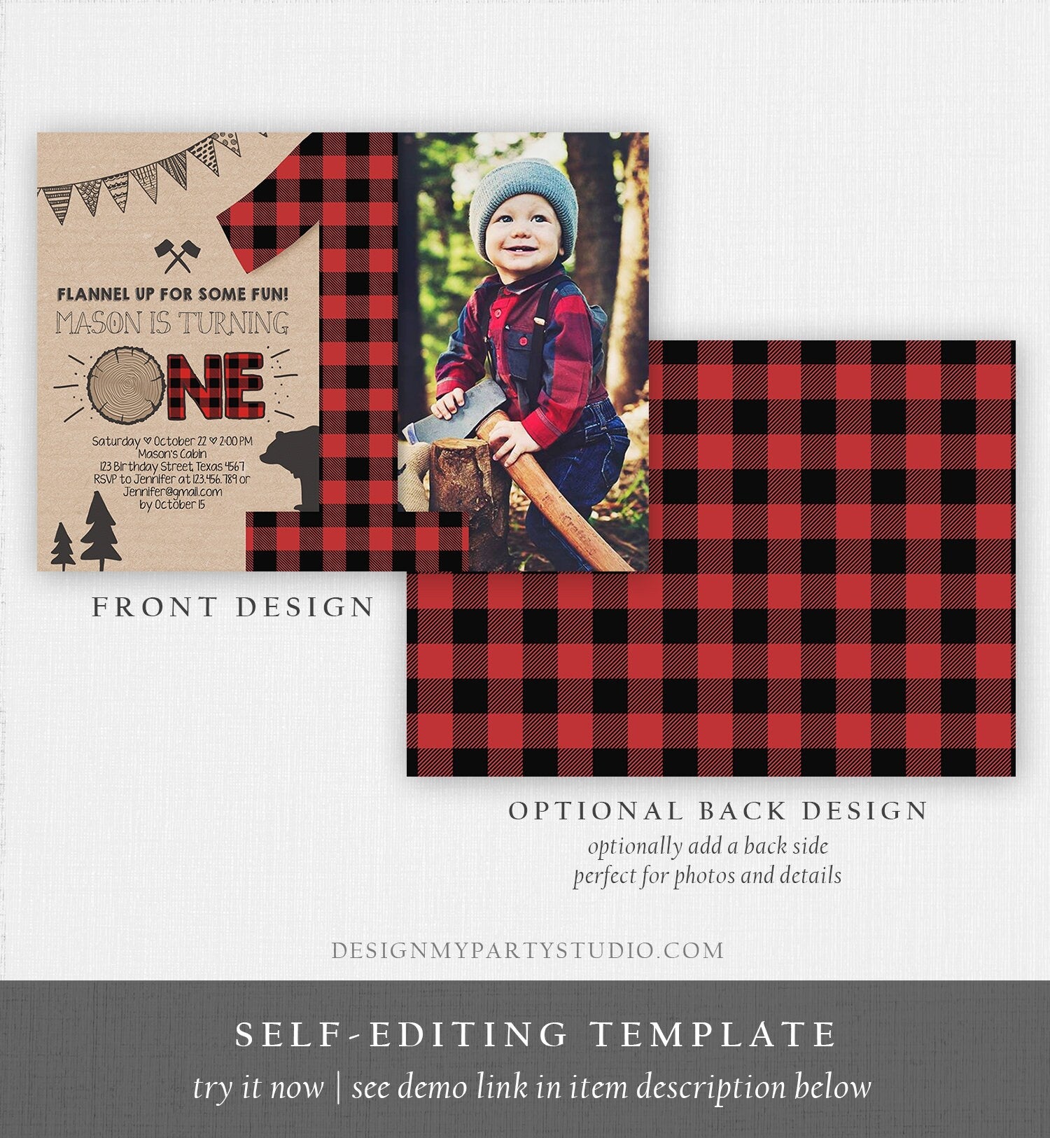 Editable Lumberjack Birthday Invitation Rustic Woodland Birthday Bear Forest Red Plaid Instant Download Printable Template Corjl 0026