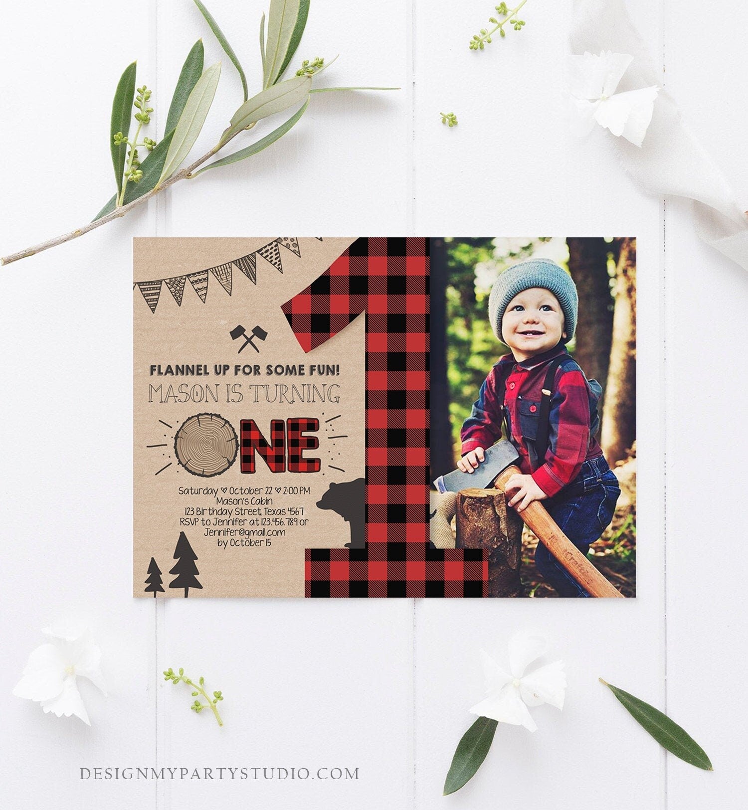 Editable Lumberjack Birthday Invitation Rustic Woodland Birthday Bear Forest Red Plaid Instant Download Printable Template Corjl 0026