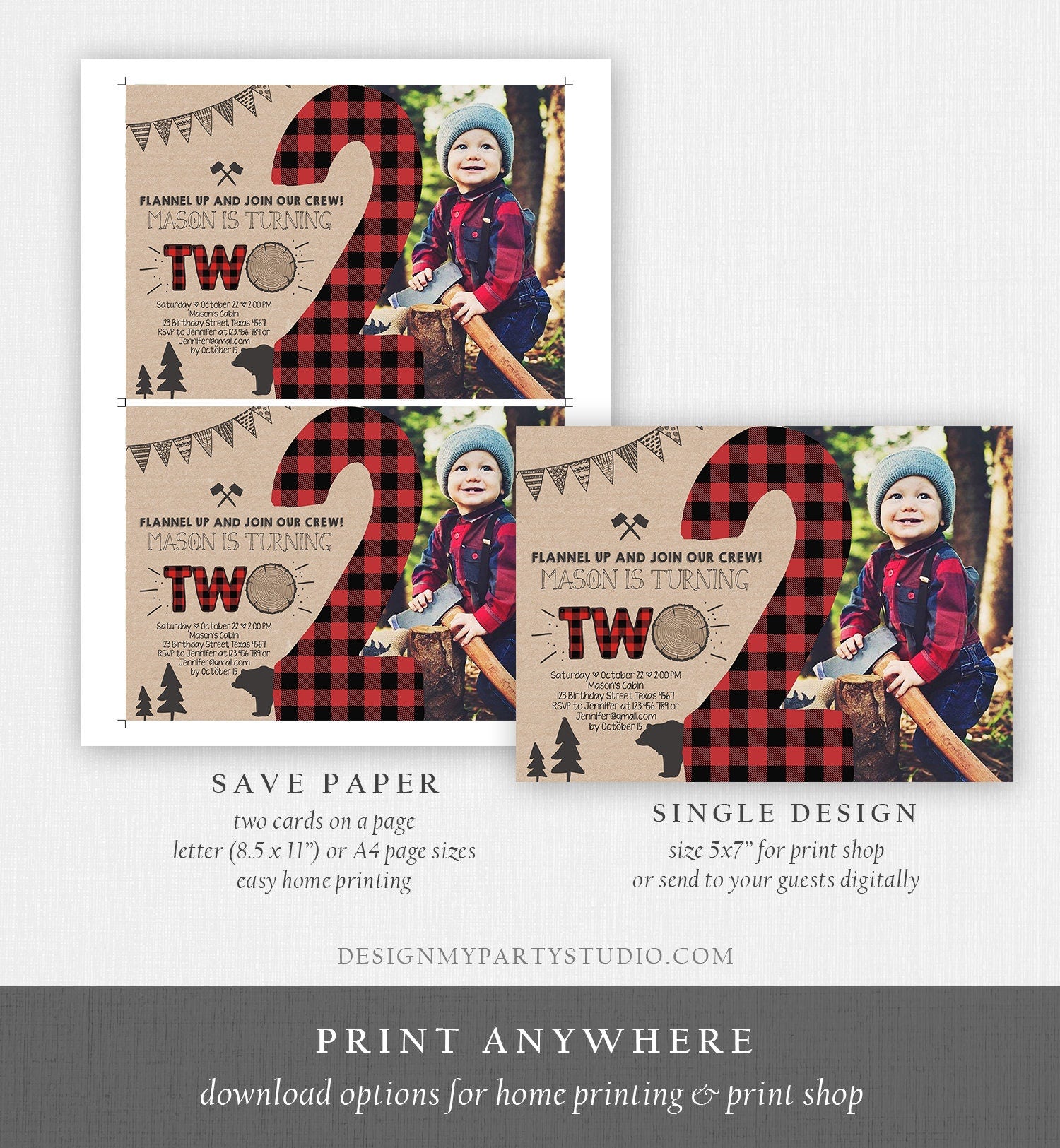 Editable Lumberjack Birthday Invitation Rustic Woodland 2nd Birthday Two Buffalo Plaid Timber Two Download Printable Template Corjl 0026