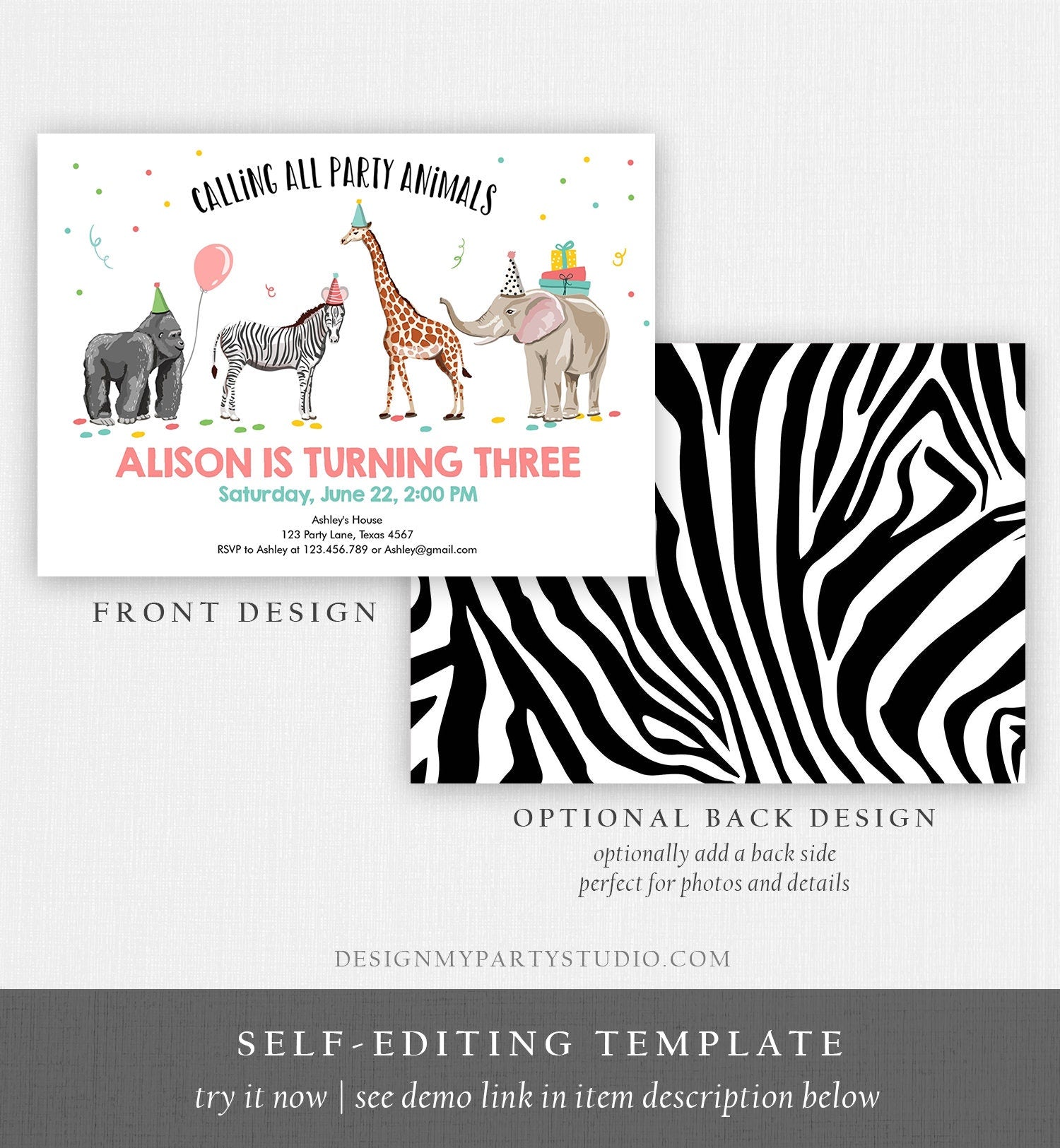 Editable Party Animals Birthday Invitation Wild One Animals Zoo Wild Safari Animals Girl Digital Download Corjl Template Printable 0142