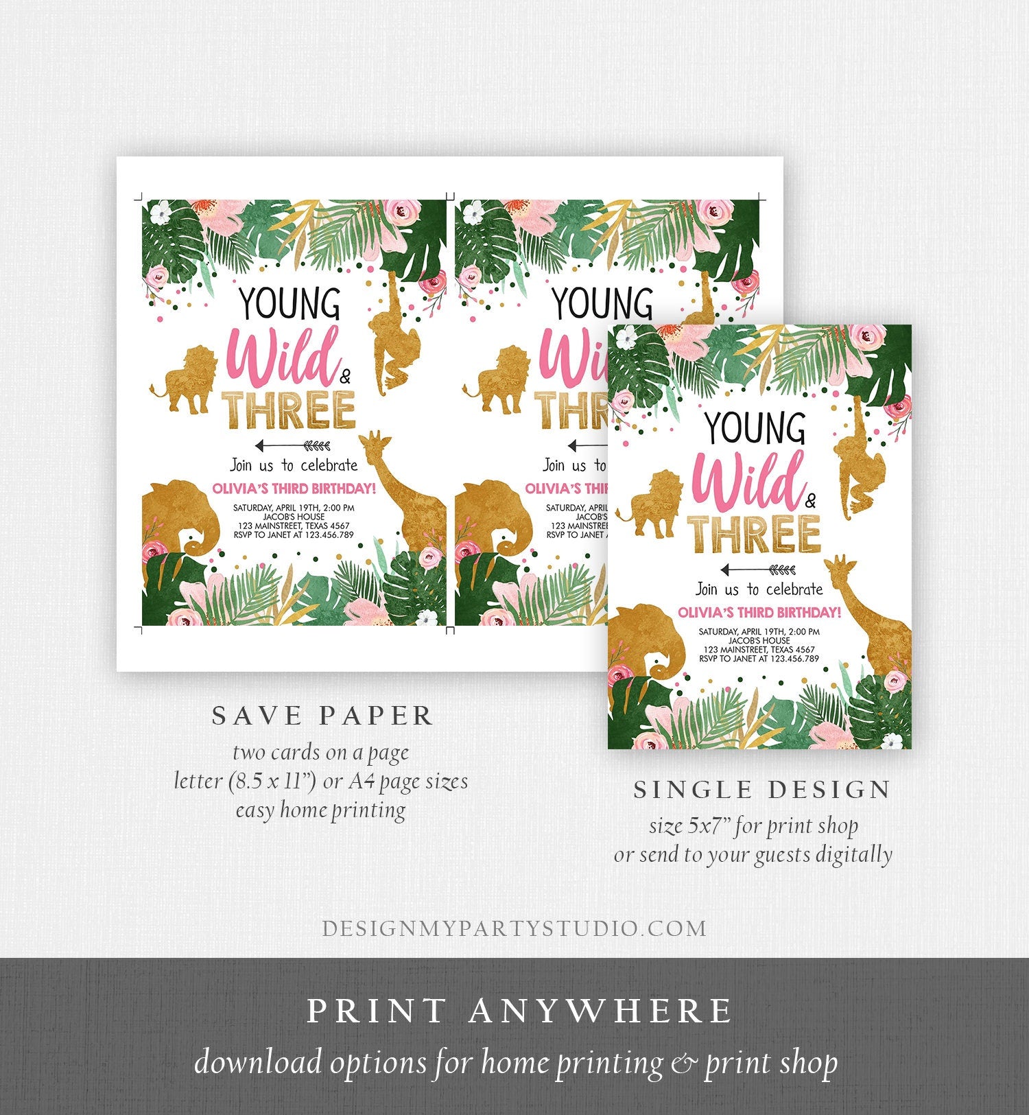 Editable Young Wild and Three Birthday Invitation Animals Invite Party Jungle Safari Pink Gold Download Corjl Template Printable 0016