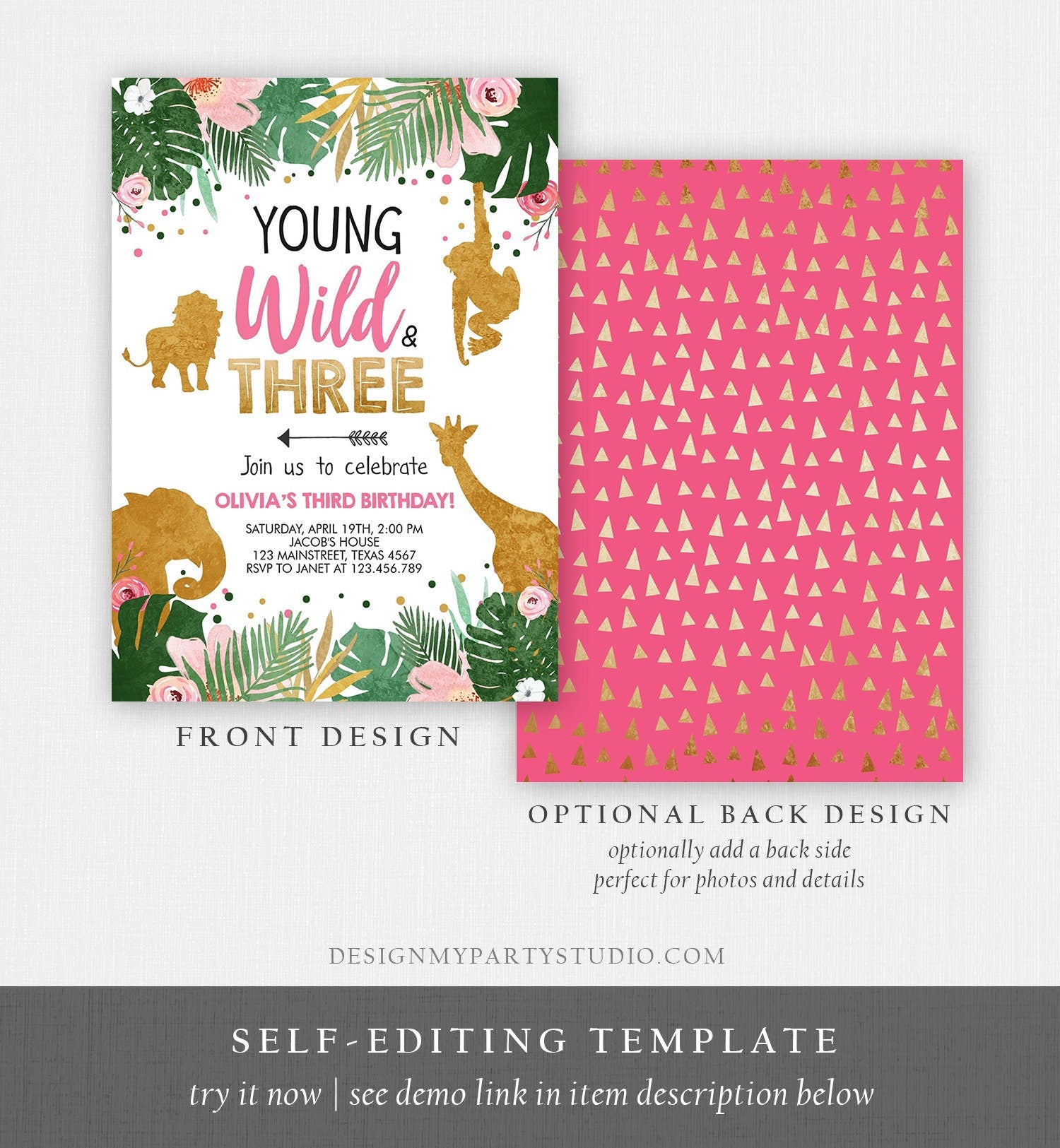 Editable Young Wild and Three Birthday Invitation Animals Invite Party Jungle Safari Pink Gold Download Corjl Template Printable 0016