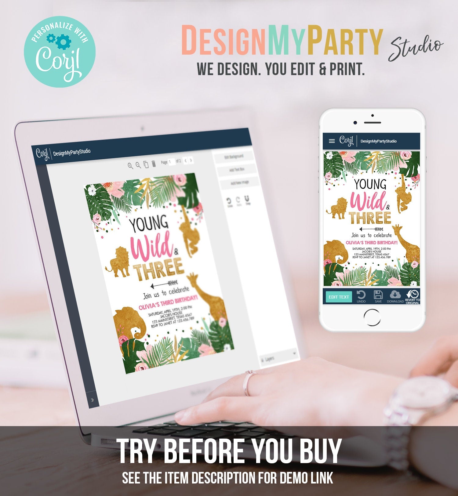 Editable Young Wild and Three Birthday Invitation Animals Invite Party Jungle Safari Pink Gold Download Corjl Template Printable 0016