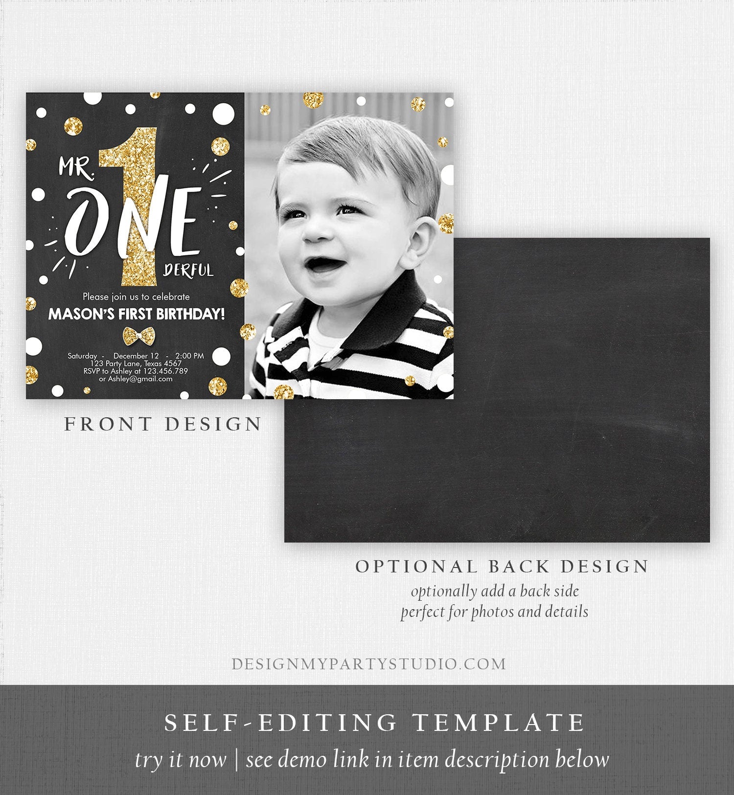 Editable Mr Onederful Birthday Invitation Black and Gold Boy Birthday Bow Tie Confetti 1st Birthday Printable Template Digital Evite 0072