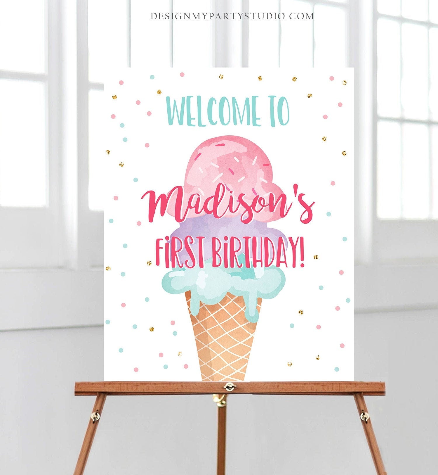 Editable Ice Cream Party Welcome Sign Ice Cream Birthday Welcome Poster Ice Cream Girl Summer Pink Purple Digital Template Printable 0243