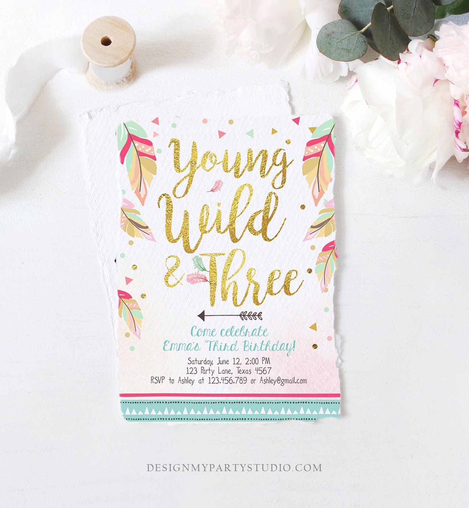 Editable Young Wild and Three Invitation Tribal Boho Feathers Girl Pink Gold Third 3rd Birthday Download Corjl Template Printable 0038