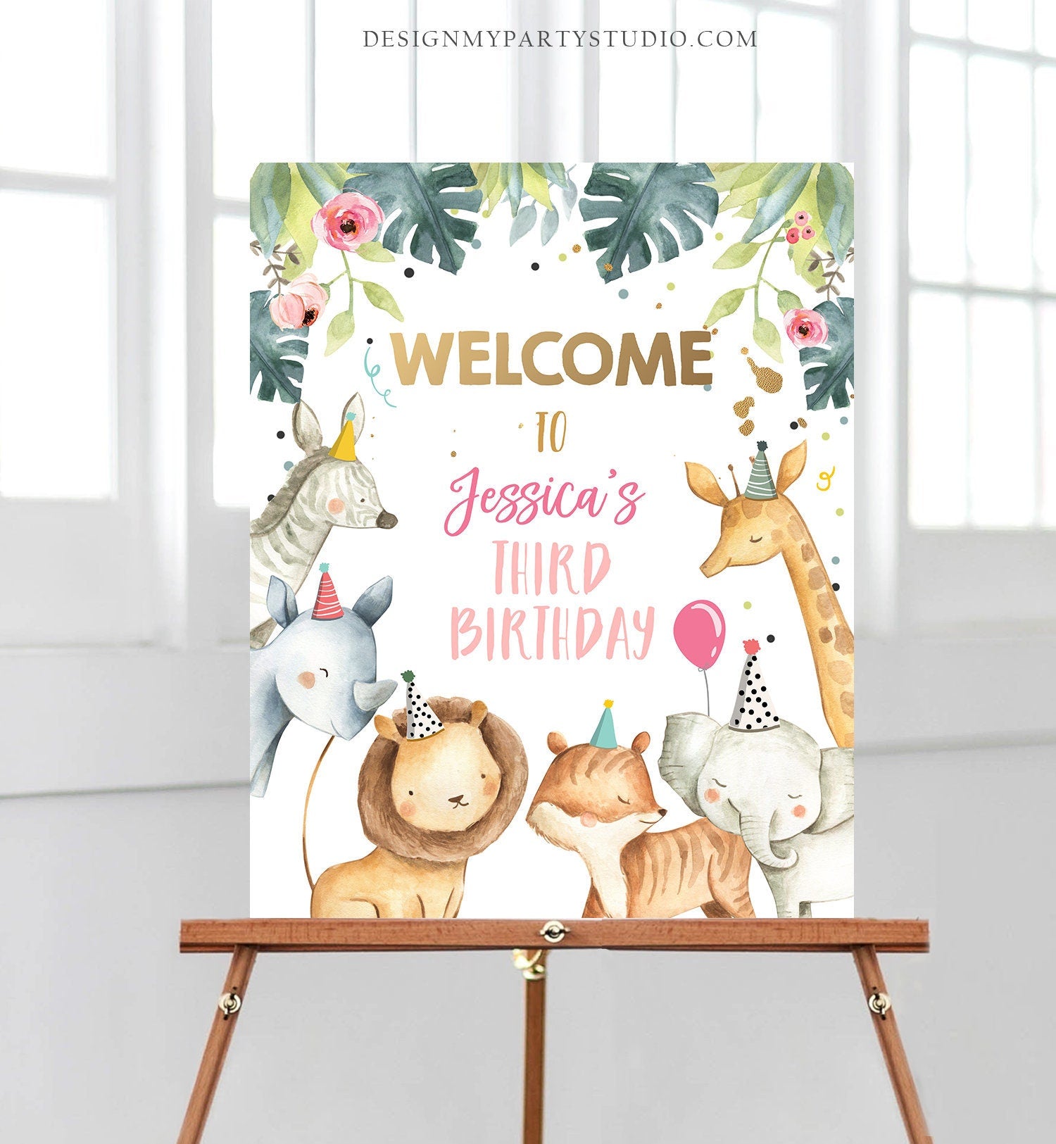 Editable Safari Animals Welcome Sign Party Animals Sign Zoo Safari Pink Gold Welcome Jungle Sign Birthday Template PRINTABLE Corjl 0163