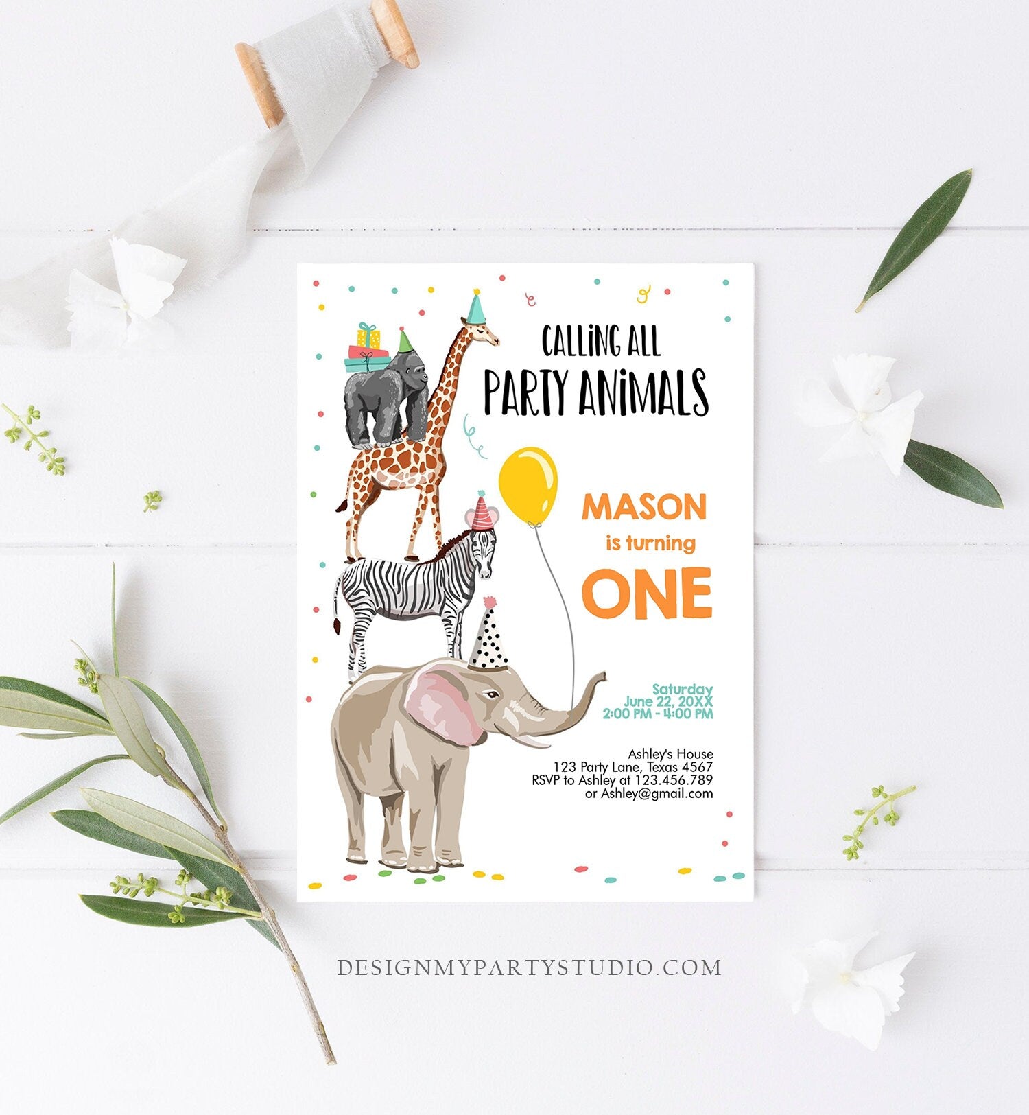 Editable Party Animals Birthday Invitation Wild One Animals Invitation Zoo Safari Animals Boy Download Corjl Template Printable 0142