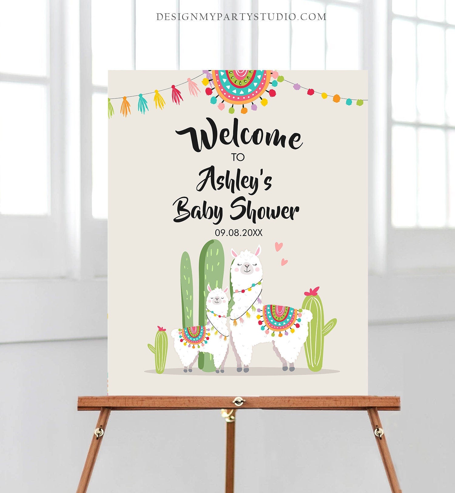 Editable Llama Welcome Sign Llama Baby Shower Welcome Baby Sprinkle Cactus Theme Fiesta Mexican Succulent Neutral Corjl Template 0079