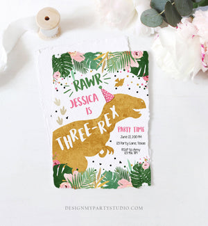 Editable Three-Rex Dinosaur Birthday Invitation Third Birthday 3rd Dino T-Rex Prehistoric Rawr Girl Pink Gold Printable Corjl Template 0146