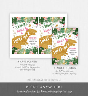 Editable Three-Rex Dinosaur Birthday Invitation Third Birthday 3rd Dino T-Rex Prehistoric Rawr Girl Pink Gold Printable Corjl Template 0146