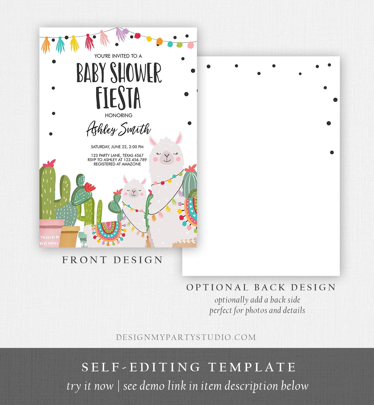 Editable Llama Baby Shower Invitation Alpaca Fiesta Shower Cactus Mexican Coed Couples Shower Digital Download Evite Template Printable 0079