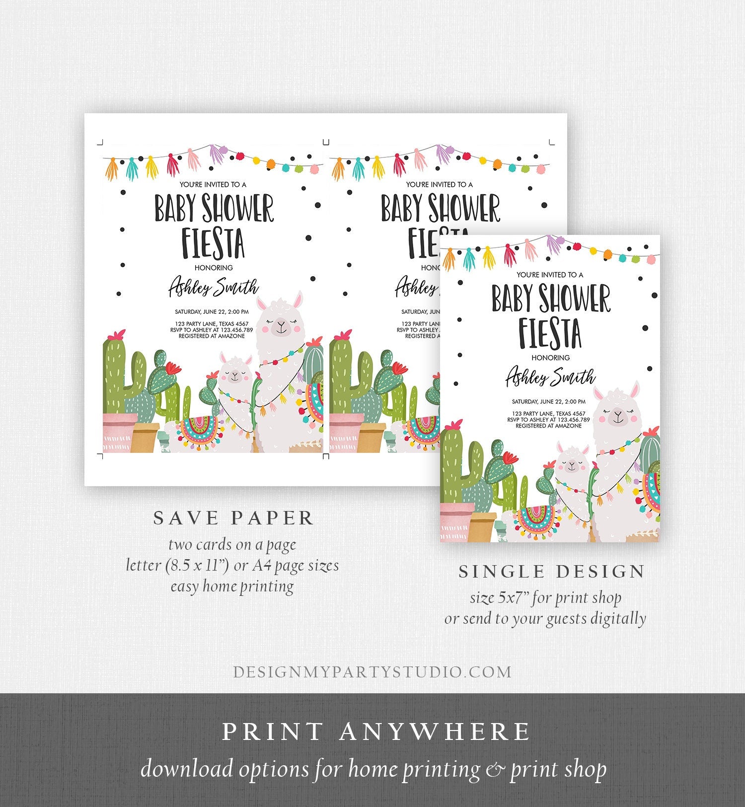 Editable Llama Baby Shower Invitation Alpaca Fiesta Shower Cactus Mexican Coed Couples Shower Digital Download Evite Template Printable 0079