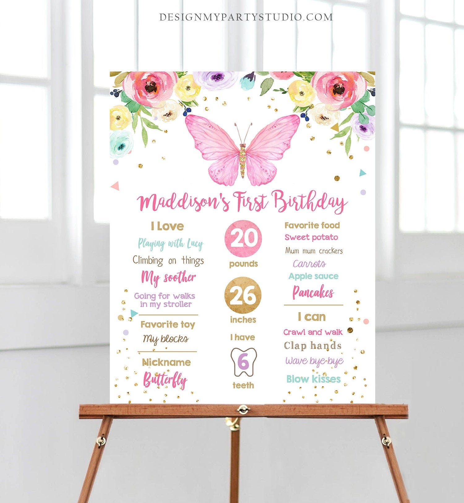 Editable Butterfly Birthday Milestones Sign Garden 1st Birthday First Birthday Girl Pink and Gold Digital Download Template Printable 0162