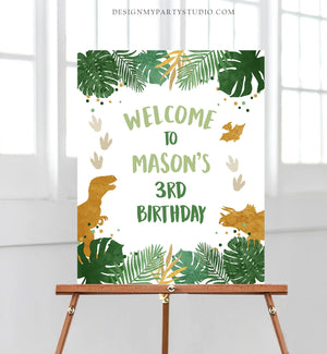 Editable Dinosaur Welcome Sign Boy Green Gold Dino Dig Party Dinosaur Birthday Sign Table Sign Download Corjl Template PRINTABLE 0146