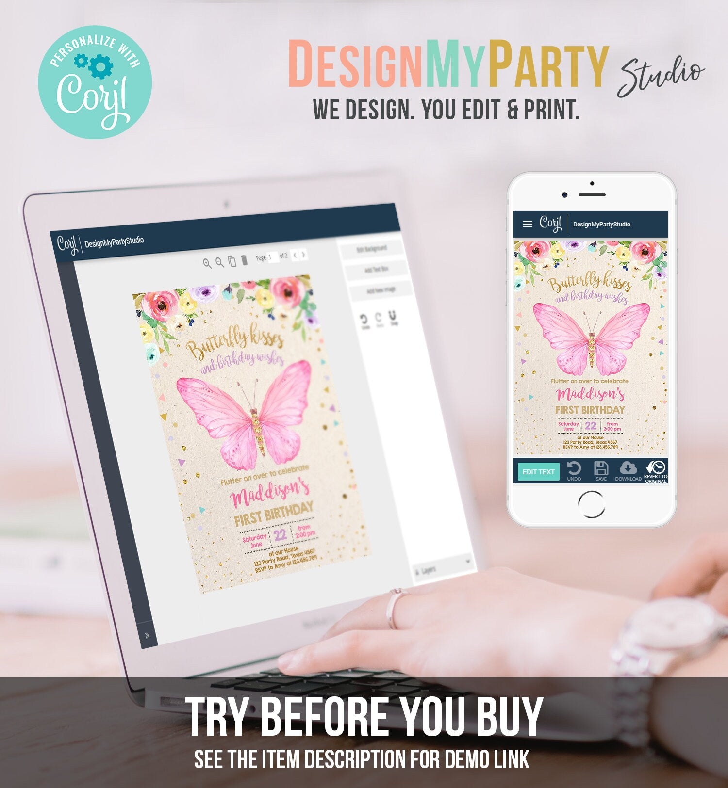 Editable Butterfly Birthday Invitation Butterfly Invitation Garden Floral Flowers Pink Gold Girl Download Printable Template Corjl 0162