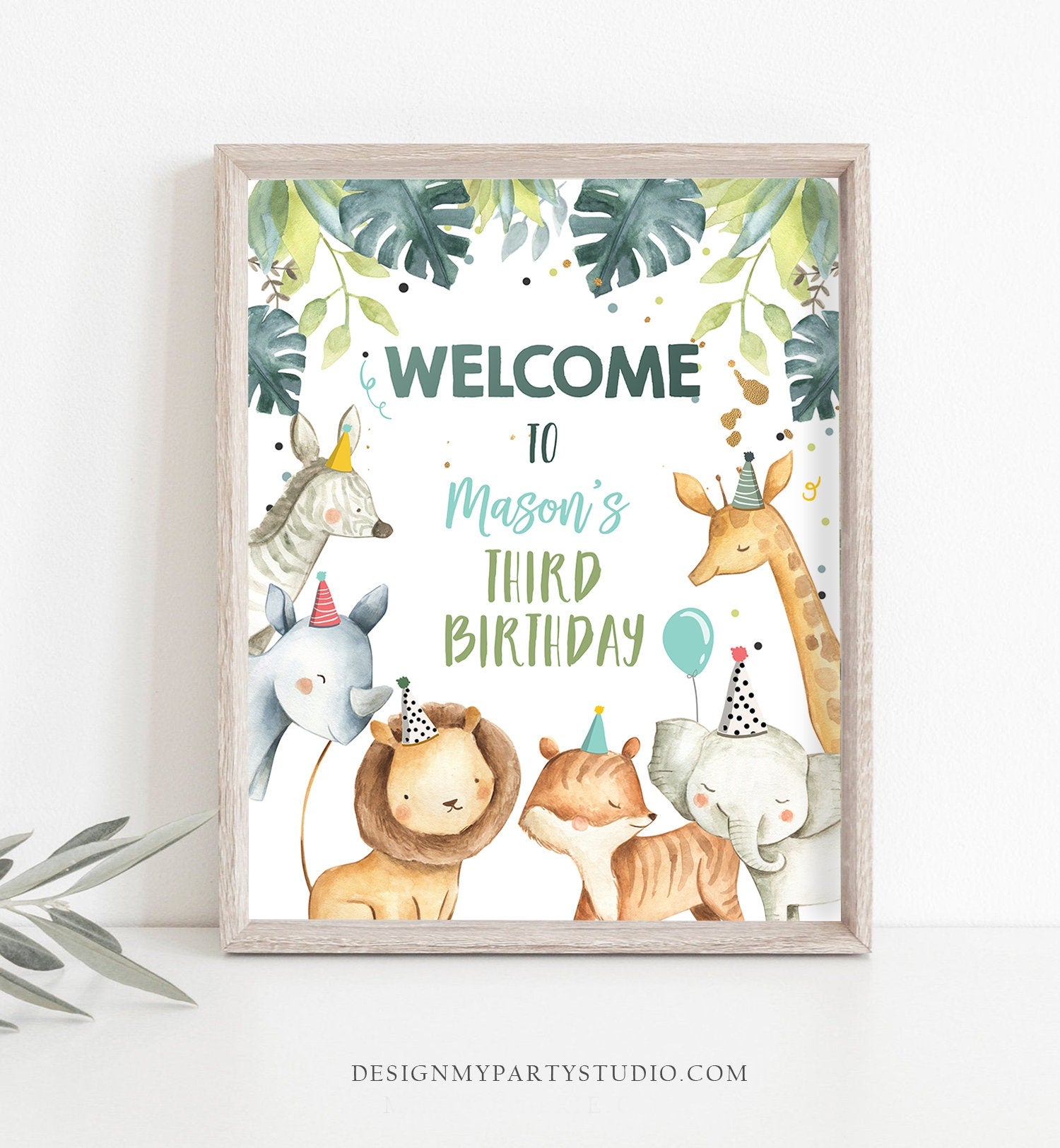 Editable Safari Animals Welcome Sign Party Animals Sign Zoo Safari Boy Green Gold Welcome Jungle Sign Birthday Template PRINTABLE Corjl 0163