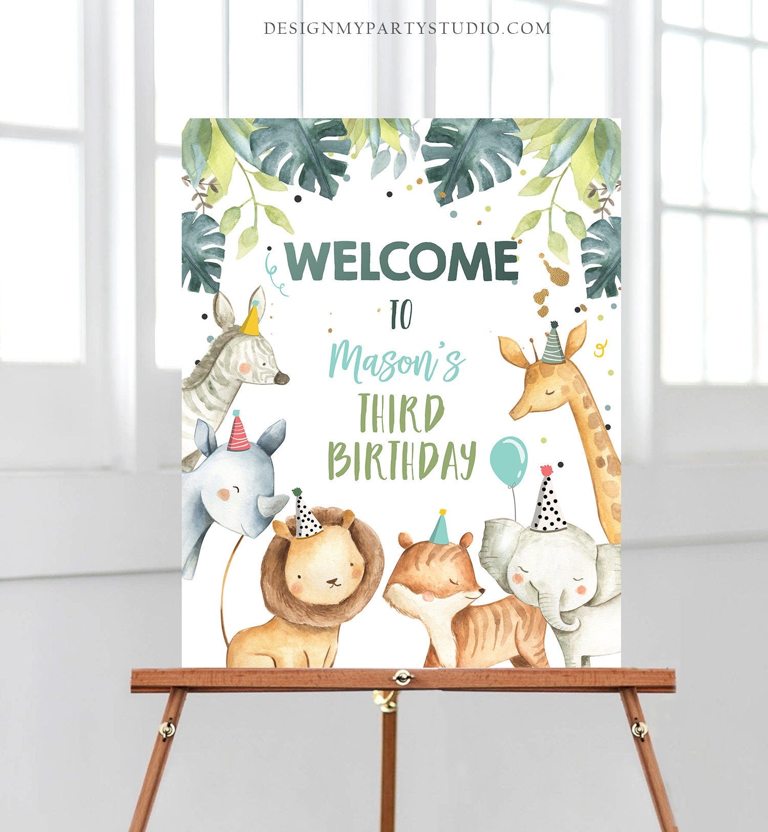 Editable Safari Animals Welcome Sign Party Animals Sign Zoo Safari Boy Green Gold Welcome Jungle Sign Birthday Template PRINTABLE Corjl 0163