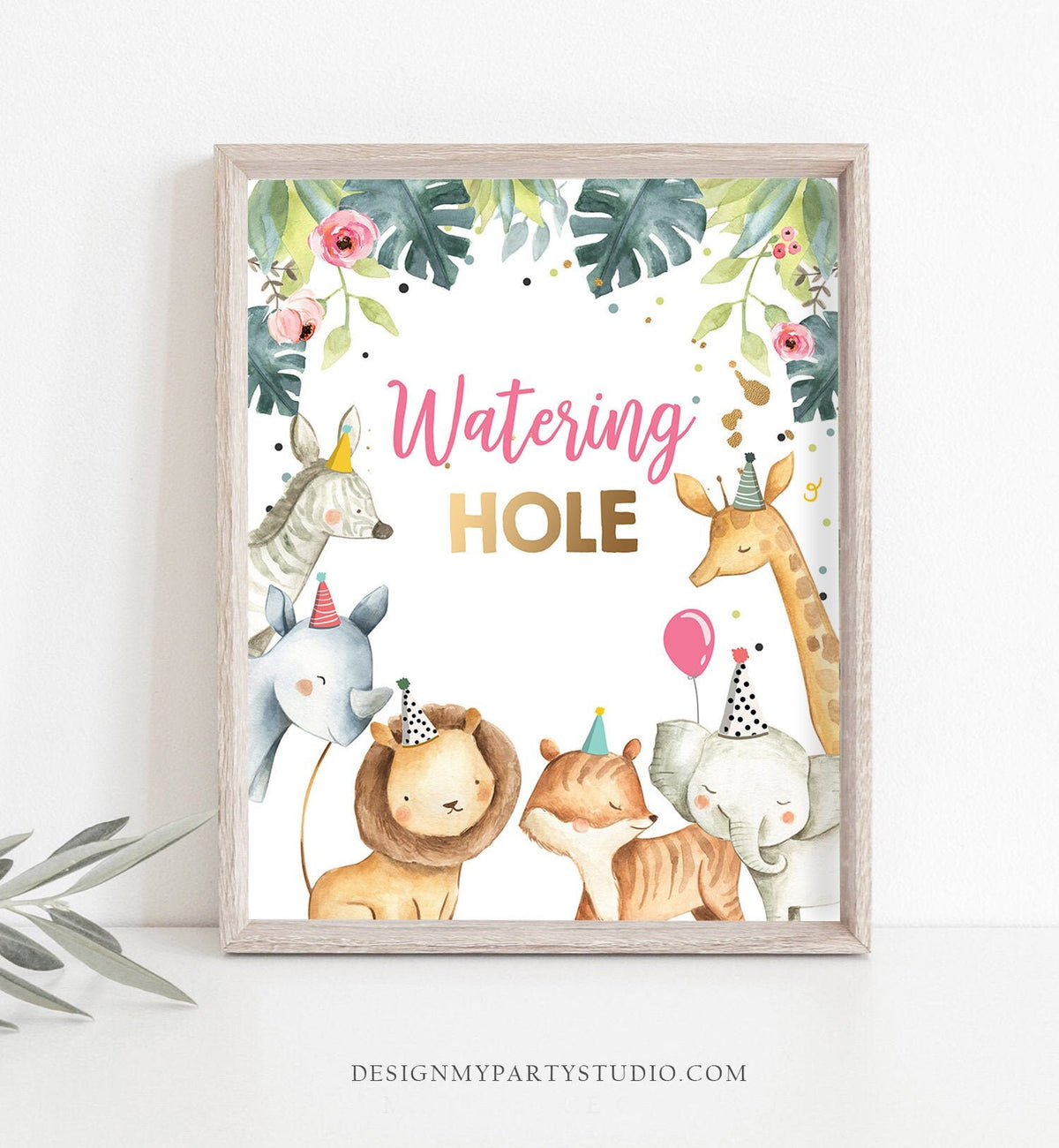 Watering Hole Birthday Sign Drink Table Decor Safari Animals Birthday Wild One Party Animals Watercolor Girl Instant Download Printable 0163