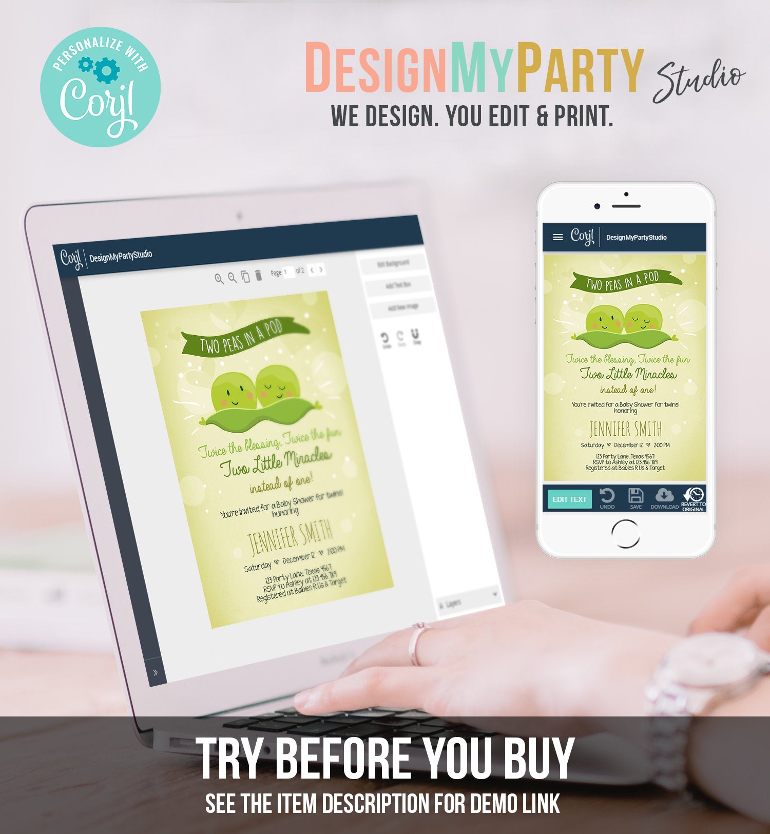 Editable Two Peas In a Pod Baby Shower Invitation Twin Baby Shower Green Gender Neutral Sweet Pea Download Corjl Template Printable 0020