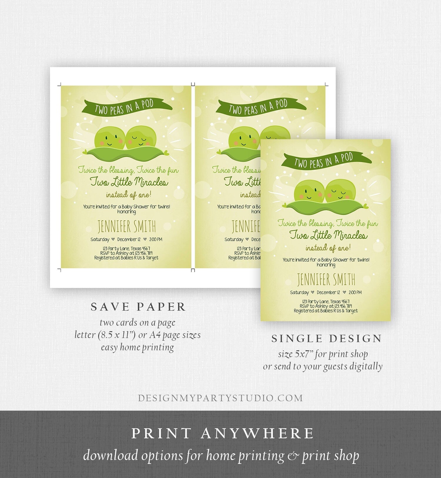 Editable Two Peas In a Pod Baby Shower Invitation Twin Baby Shower Green Gender Neutral Sweet Pea Download Corjl Template Printable 0020