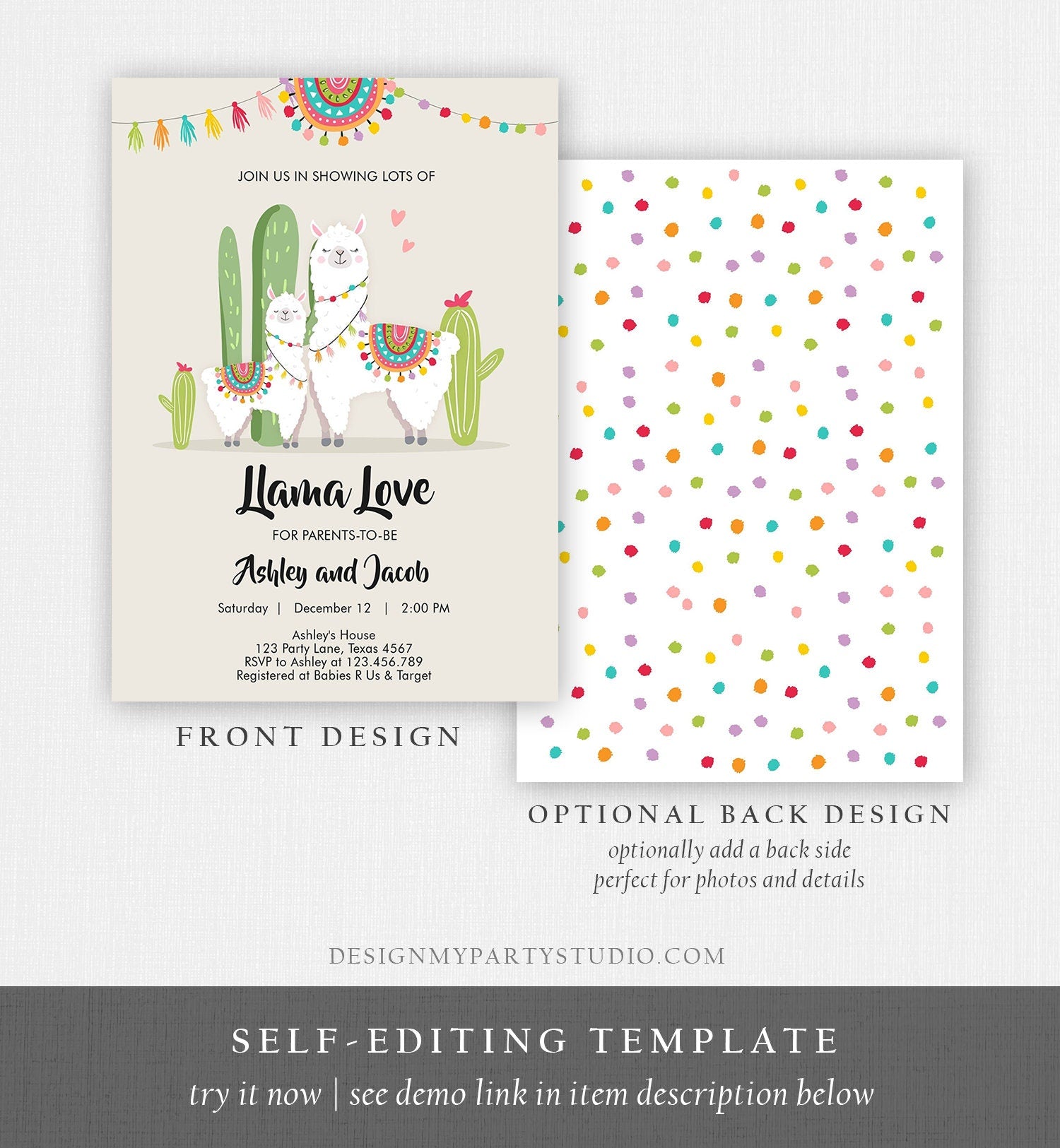 Editable Llama Baby Shower Invitation Llama Love Fiesta Cactus Mexican Couples Coed Shower Digital Download Template Printable 0079