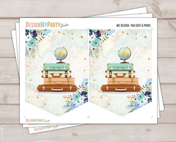 The Adventure Begins Banner Adventure Baby Shower Traveling Banner Adventure Bridal Blue Teal Gold Instant Download PRINTABLE DIY 0030