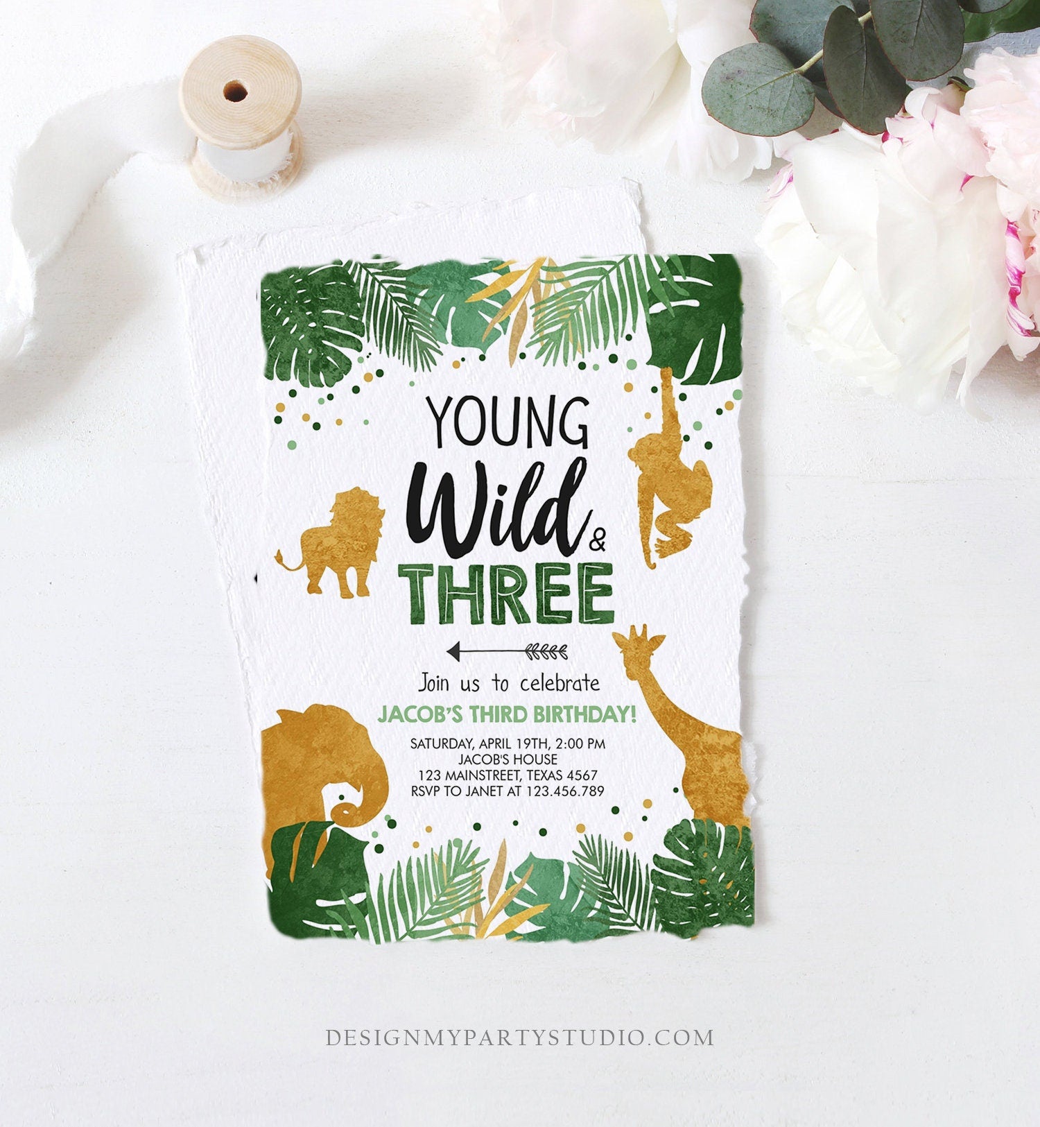 Editable Young Wild and Three Birthday Invitation Safari Animals Party Animals Boy Third Birthday 3rd Download Printable Corjl Template 0016