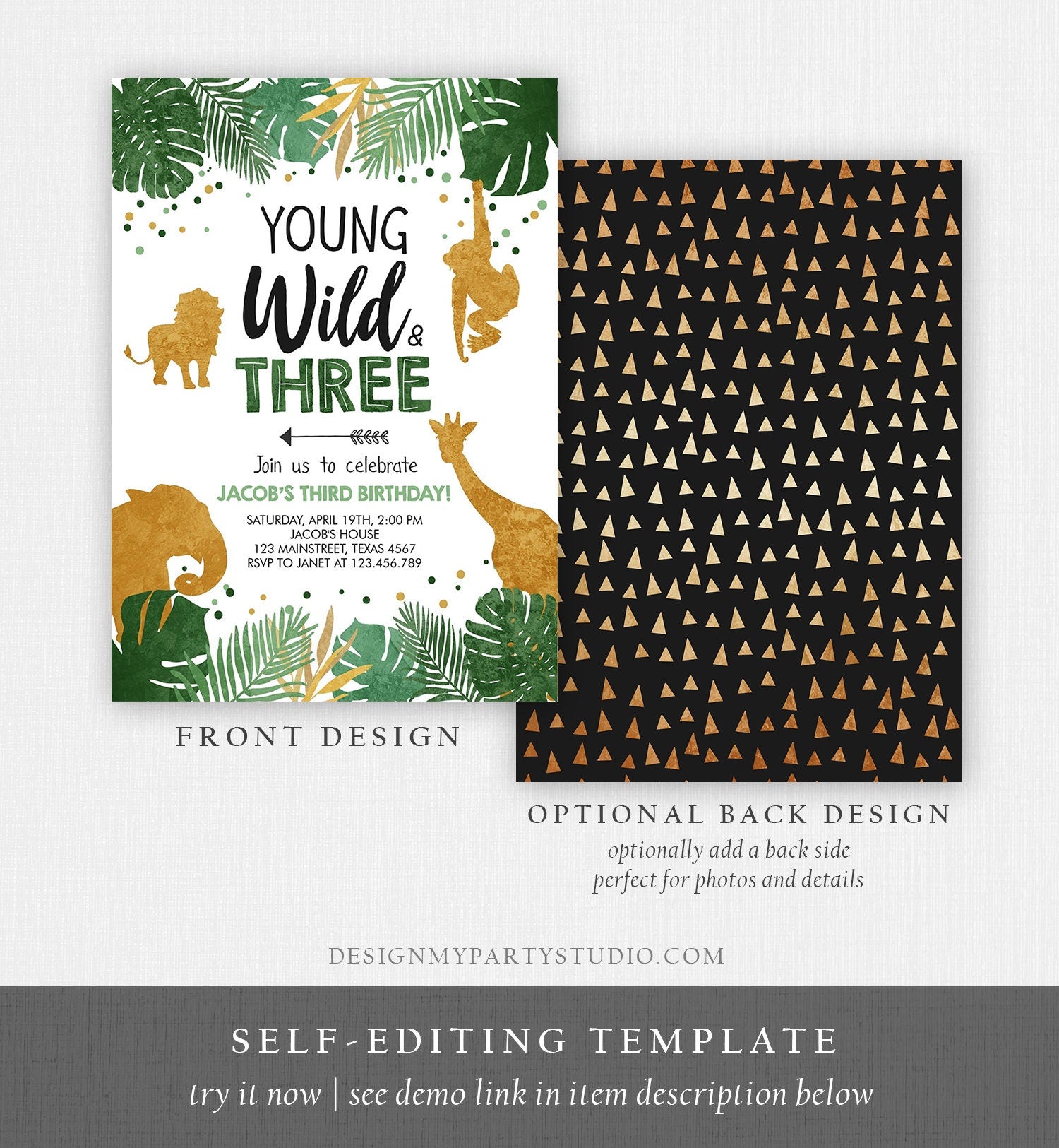 Editable Young Wild and Three Birthday Invitation Safari Animals Party Animals Boy Third Birthday 3rd Download Printable Corjl Template 0016