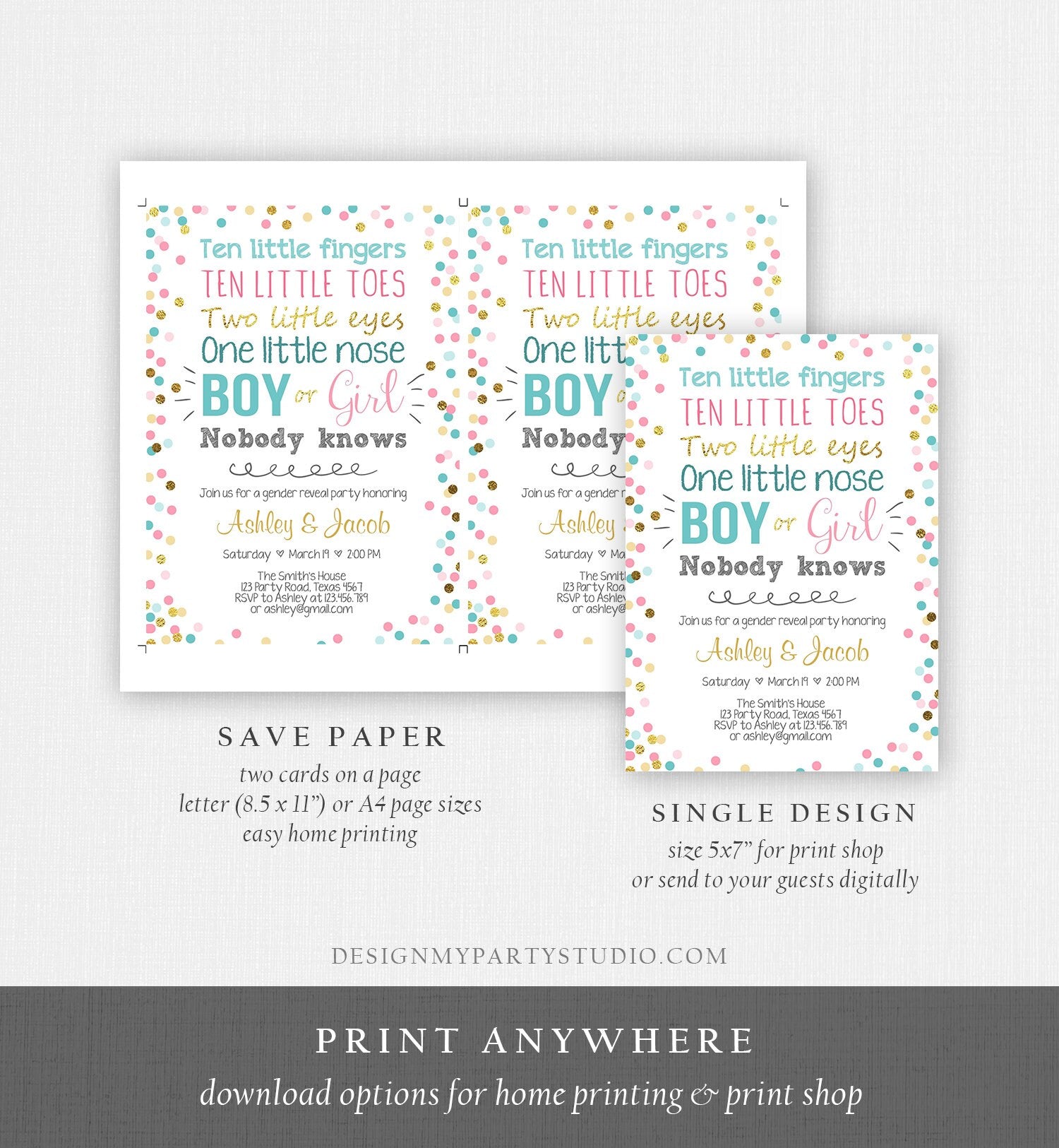 Editable Gender Reveal Invitation Baby Shower Boy or Girl Pink or Blue He or She Confetti Gold Corjl Template Instant Download Digital 0133