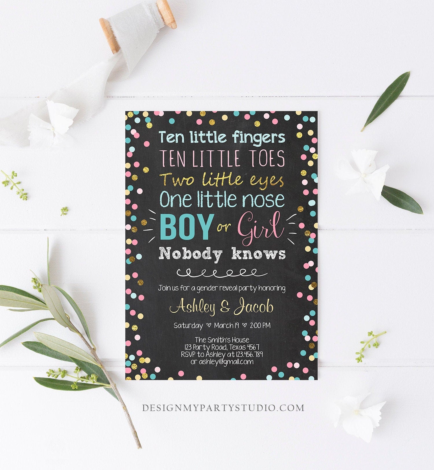 Editable Gender Reveal Invitation Baby Shower Boy or Girl Pink or Blue He or She Confetti Gold Corjl Template Instant Download Digital 0133