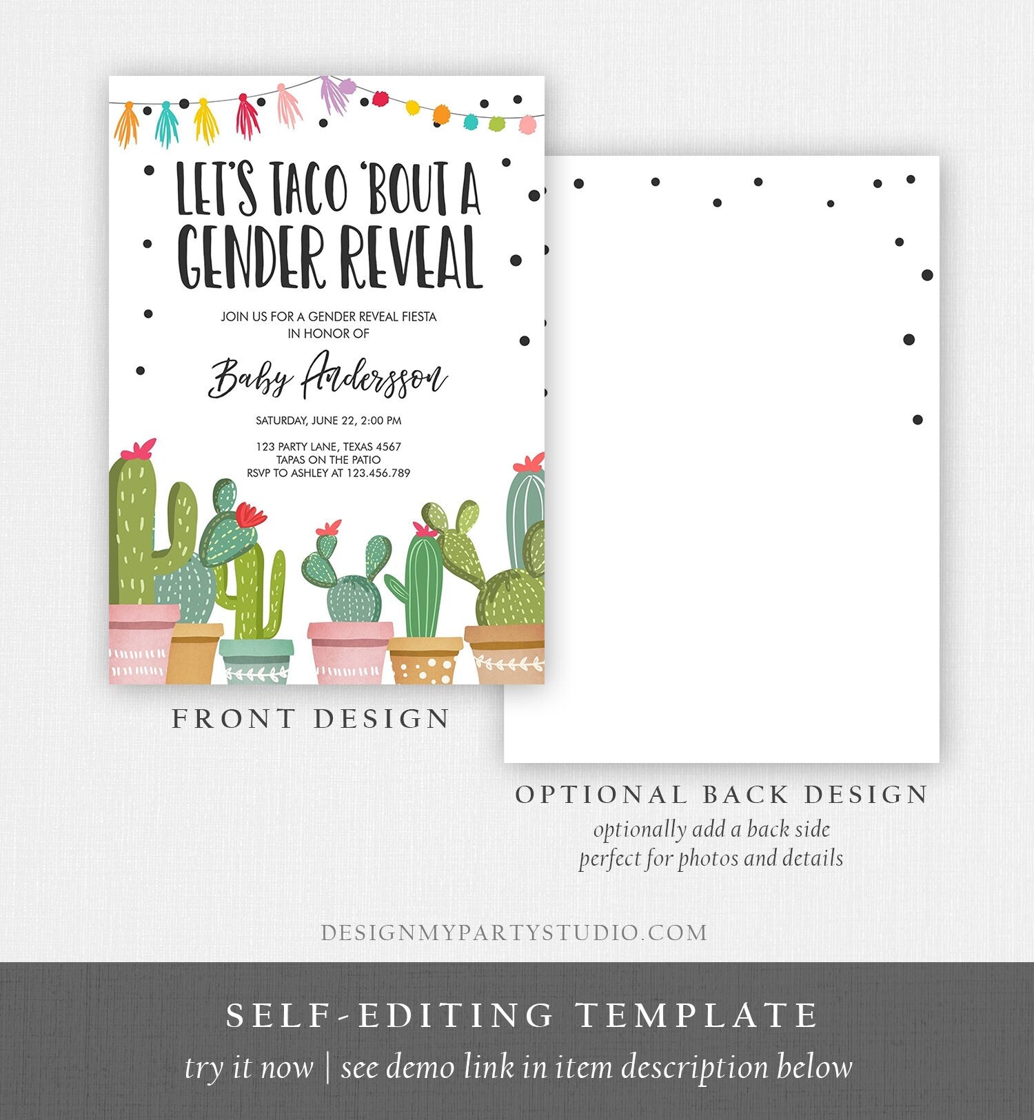 Editable Taco Bout a Gender Reveal Invitation Cactus Mexican Fiesta He or She Boy or Girl Party Download Printable Corjl Template 0254