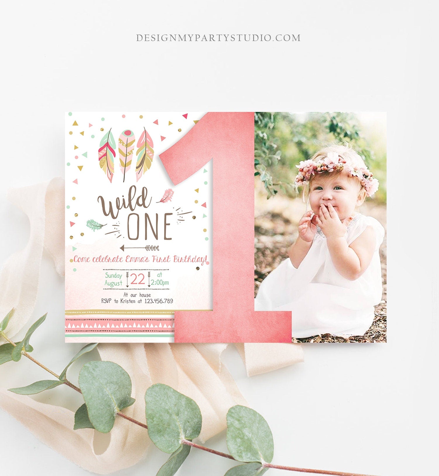 Editable Birthday Invitation Wild One Girl Invite Tribal Boho Arrow Feathers Coral Mint Download Printable Template Digital Corjl 0073