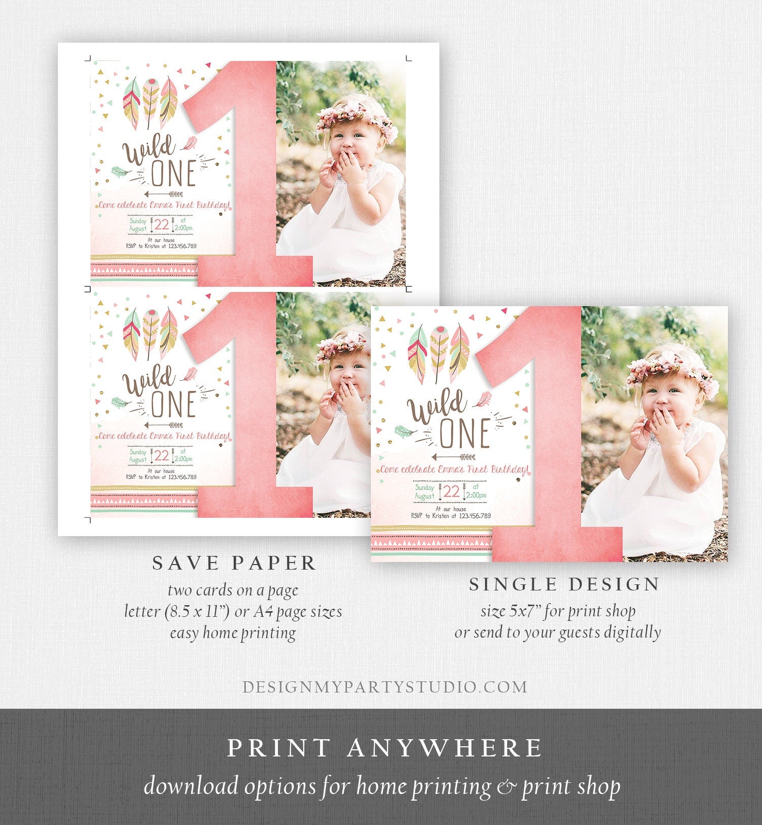 Editable Birthday Invitation Wild One Girl Invite Tribal Boho Arrow Feathers Coral Mint Download Printable Template Digital Corjl 0073