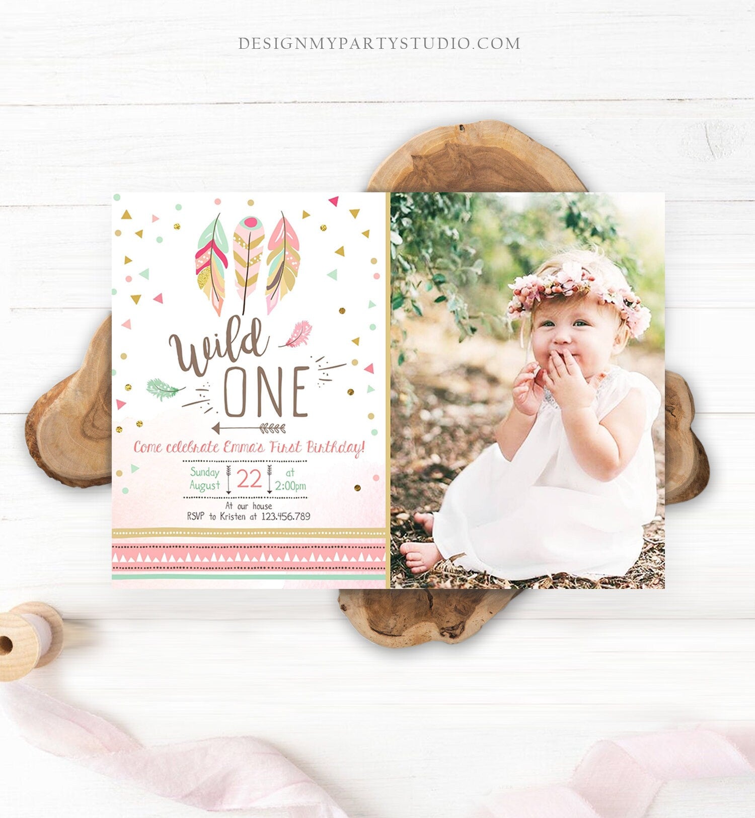 Editable Birthday Invitation Wild One Girl Invite Tribal Boho Arrow Feathers Coral Mint Download Printable Template Digital Corjl 0073