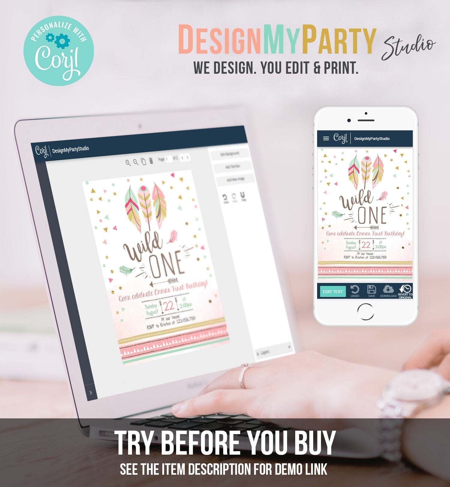 Editable Birthday Invitation Wild One Girl Invite Tribal Boho Arrow Feathers Coral Mint Digital Download Corjl Template Printable 0073