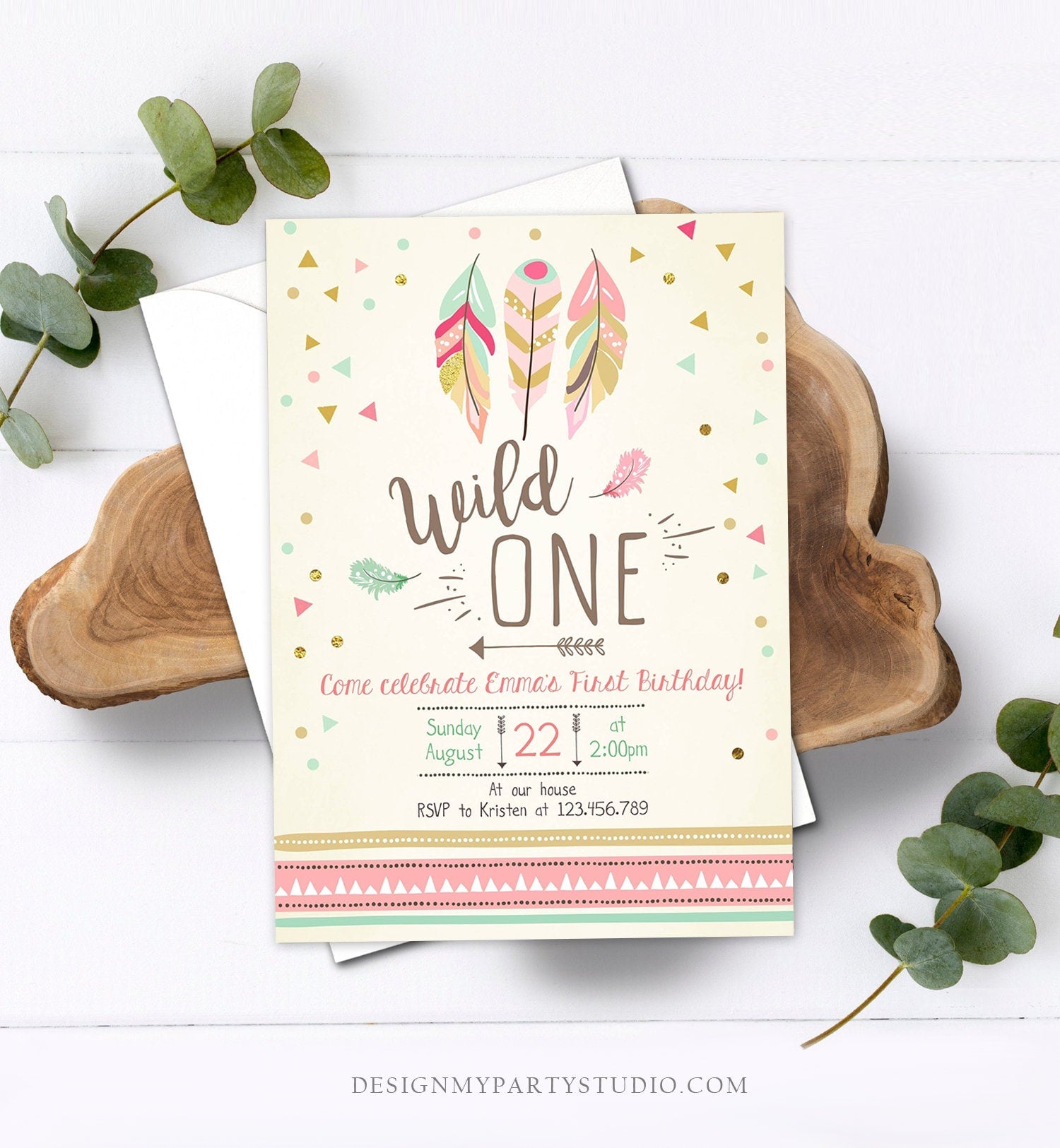 Editable Birthday Invitation Wild One Girl Invite Tribal Boho Arrow Feathers Coral Mint Download Printable Template Digital Corjl 0073