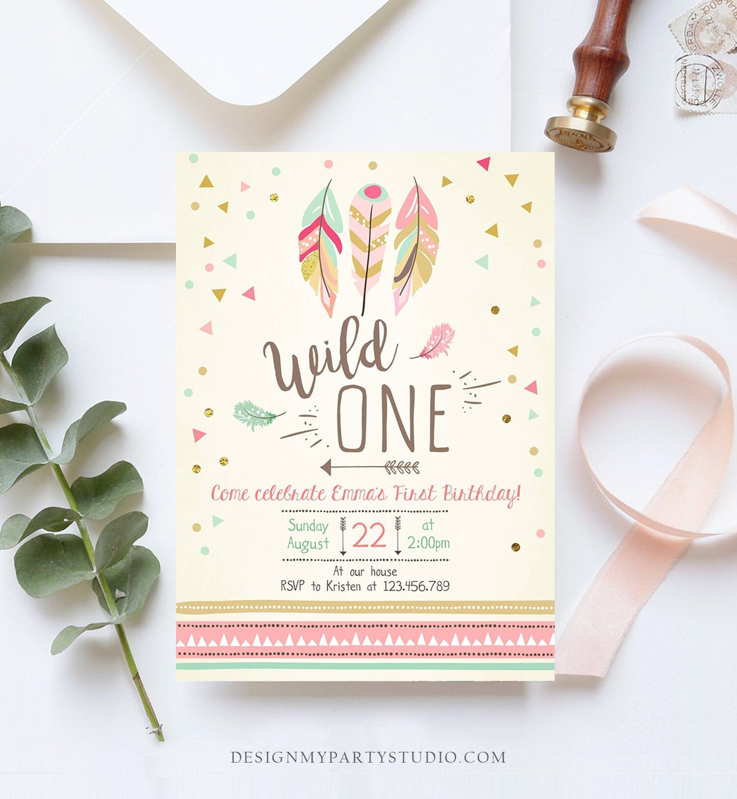 Editable Birthday Invitation Wild One Girl Invite Tribal Boho Arrow Feathers Coral Mint Download Printable Template Digital Corjl 0073