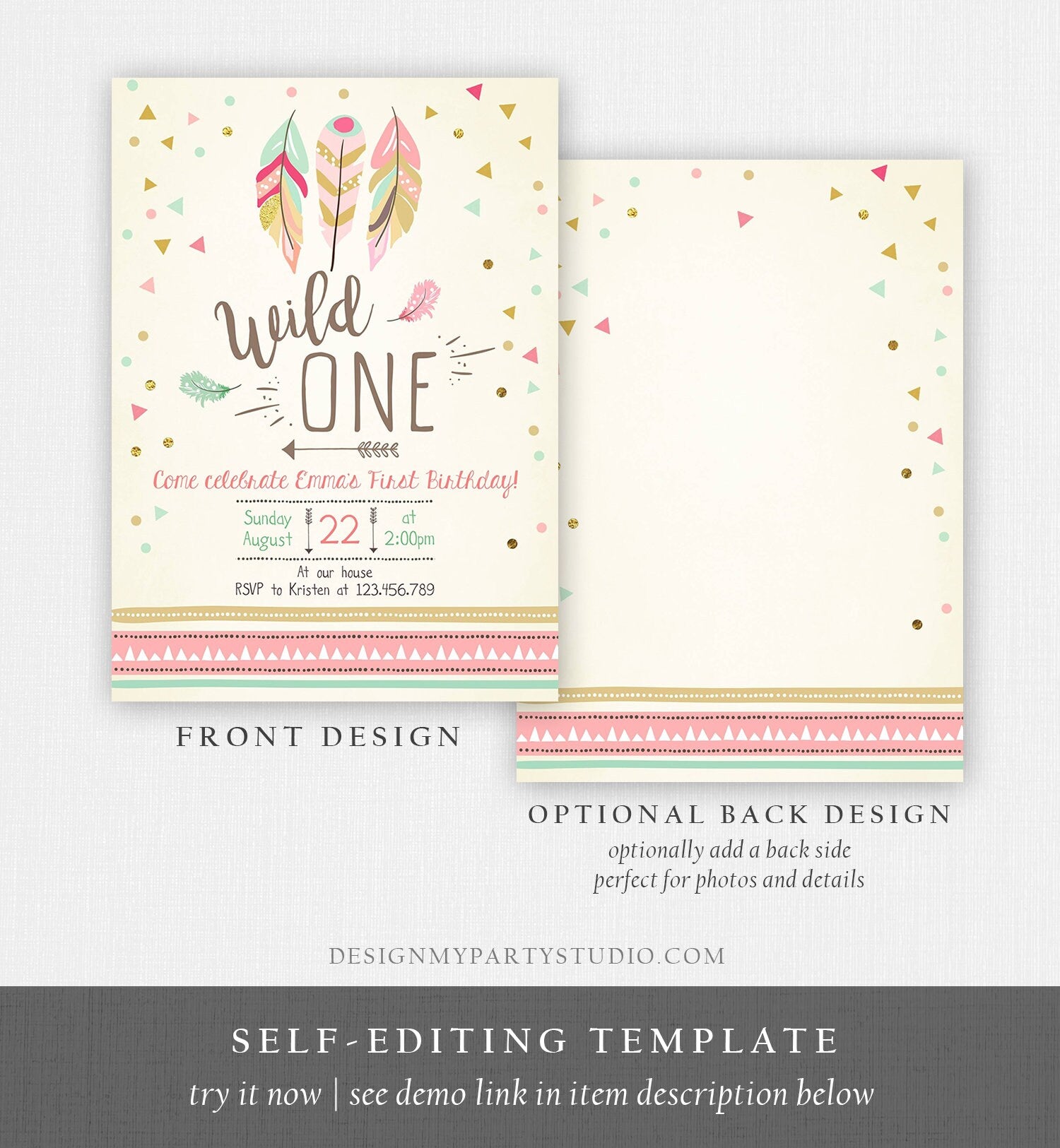 Editable Birthday Invitation Wild One Girl Invite Tribal Boho Arrow Feathers Coral Mint Download Printable Template Digital Corjl 0073