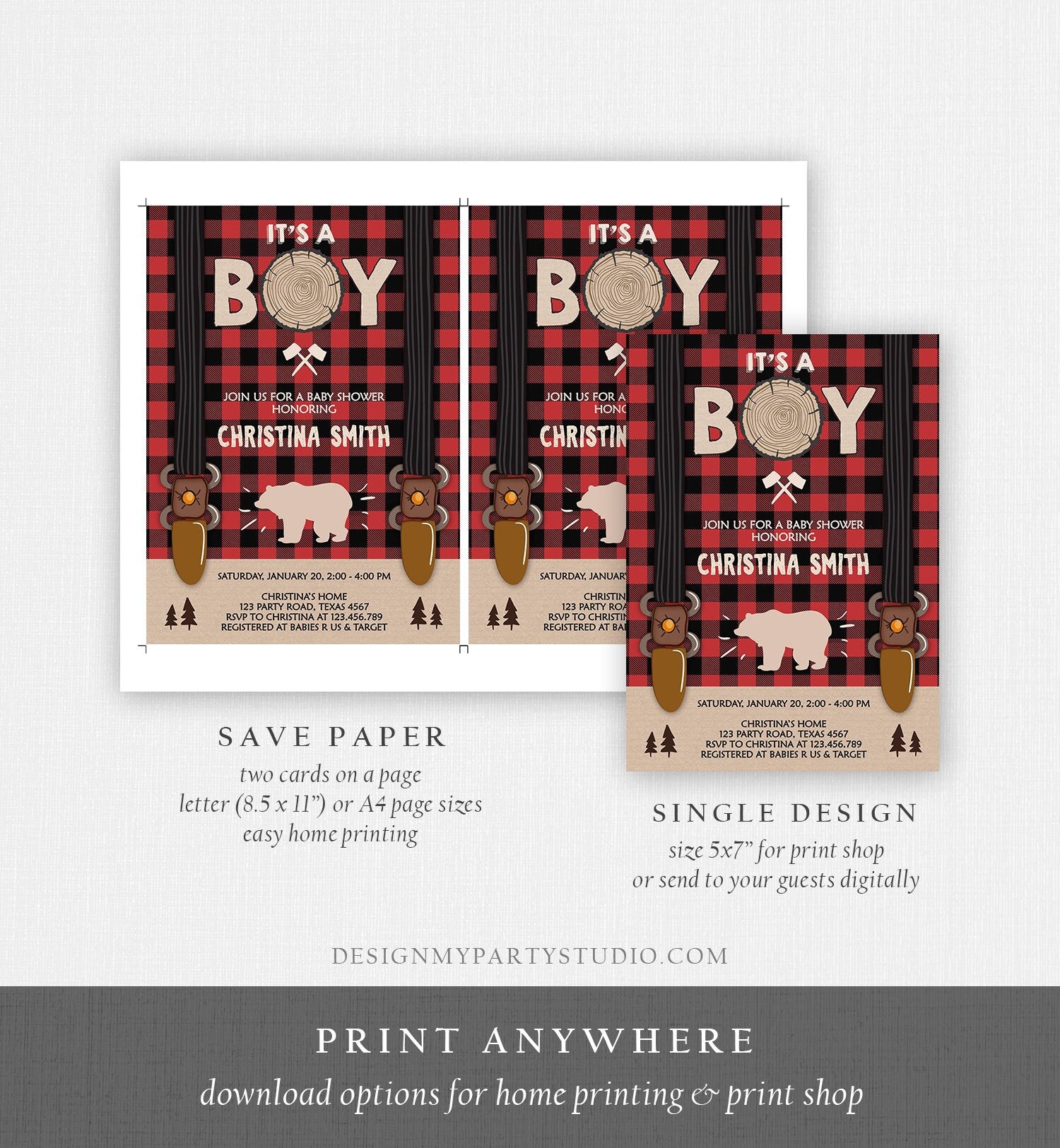 Editable Lumberjack Baby Shower Invitation Baby Boy Buffalo Plaid Rustic Bear Cub It's a Boy Winter Download Evite Template Printable 0026