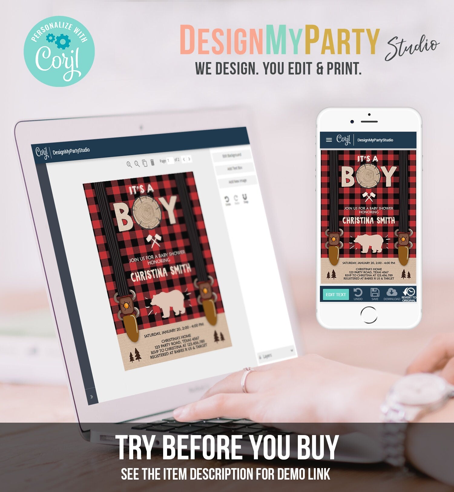 Editable Lumberjack Baby Shower Invitation Baby Boy Buffalo Plaid Rustic Bear Cub It's a Boy Winter Download Evite Template Printable 0026