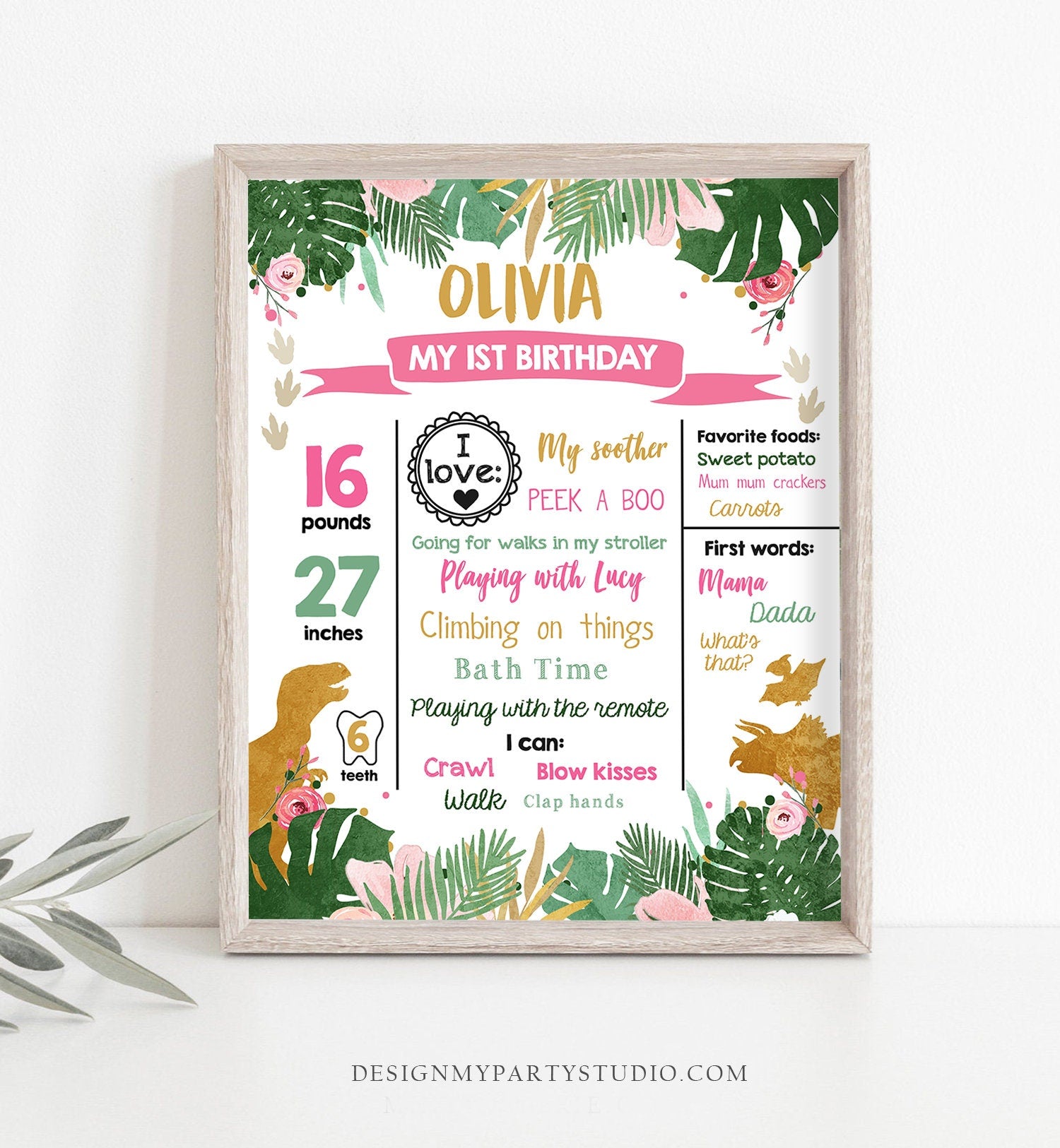 Editable Dinosaur Birthday Milestones Sign Dino Milestone Gold Pink Girl First Birthday Party Instant Download Corjl Template Printable 0146