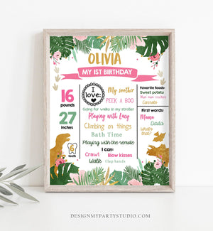 Editable Dinosaur Birthday Milestones Sign Dino Milestone Gold Pink Girl First Birthday Party Instant Download Corjl Template Printable 0146