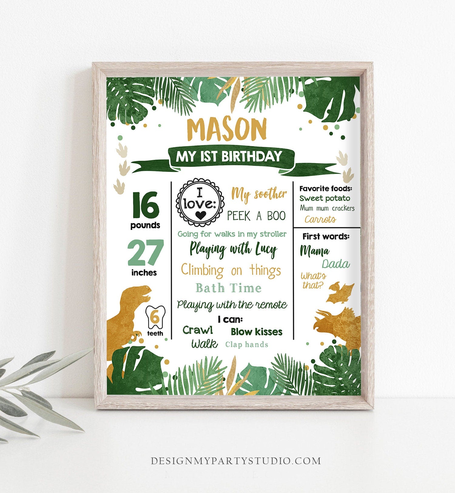 Editable Dinosaur Birthday Milestones Sign Dino Milestone Gold Green Boy First Birthday Party Instant Download Corjl Template Printable 0146