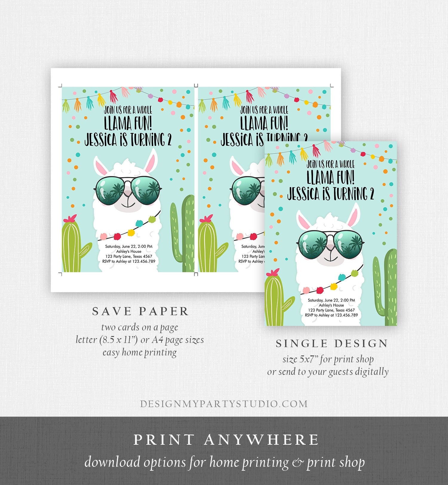 Editable Whole Llama Fun Birthday Invitation Llama Fiesta Cactus Confetti Boy Blue Alpaca Digital Download Evite Template Printable 0079